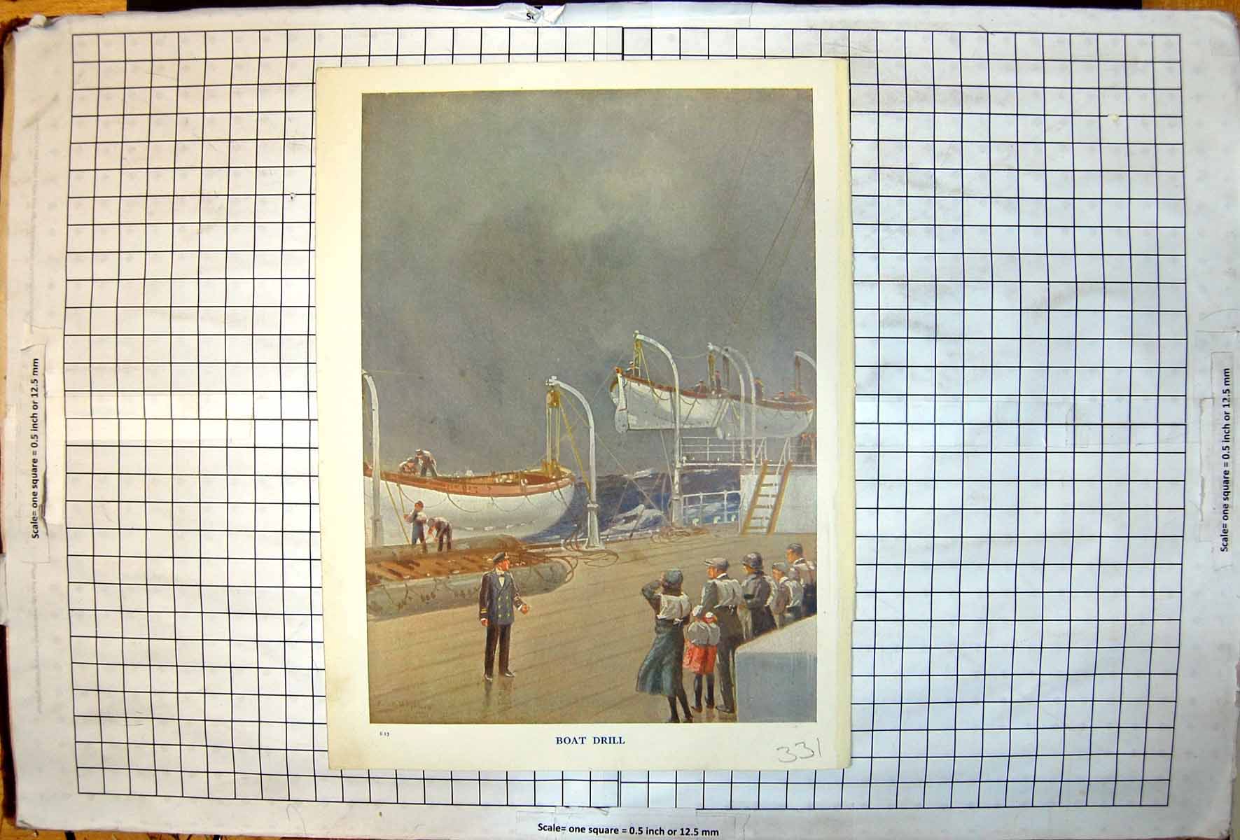 Original Old Antique Print Boat Drill Checking Lifeboats Childrens Games At Sea