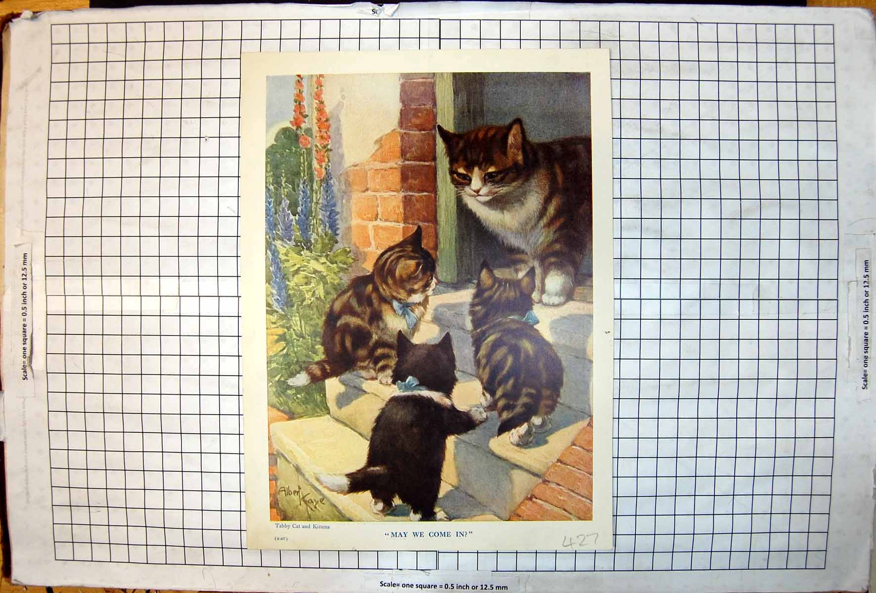 Antique Print May We Come In Tabby Cat Kittens Pomeranian Dog Glove A Kaye