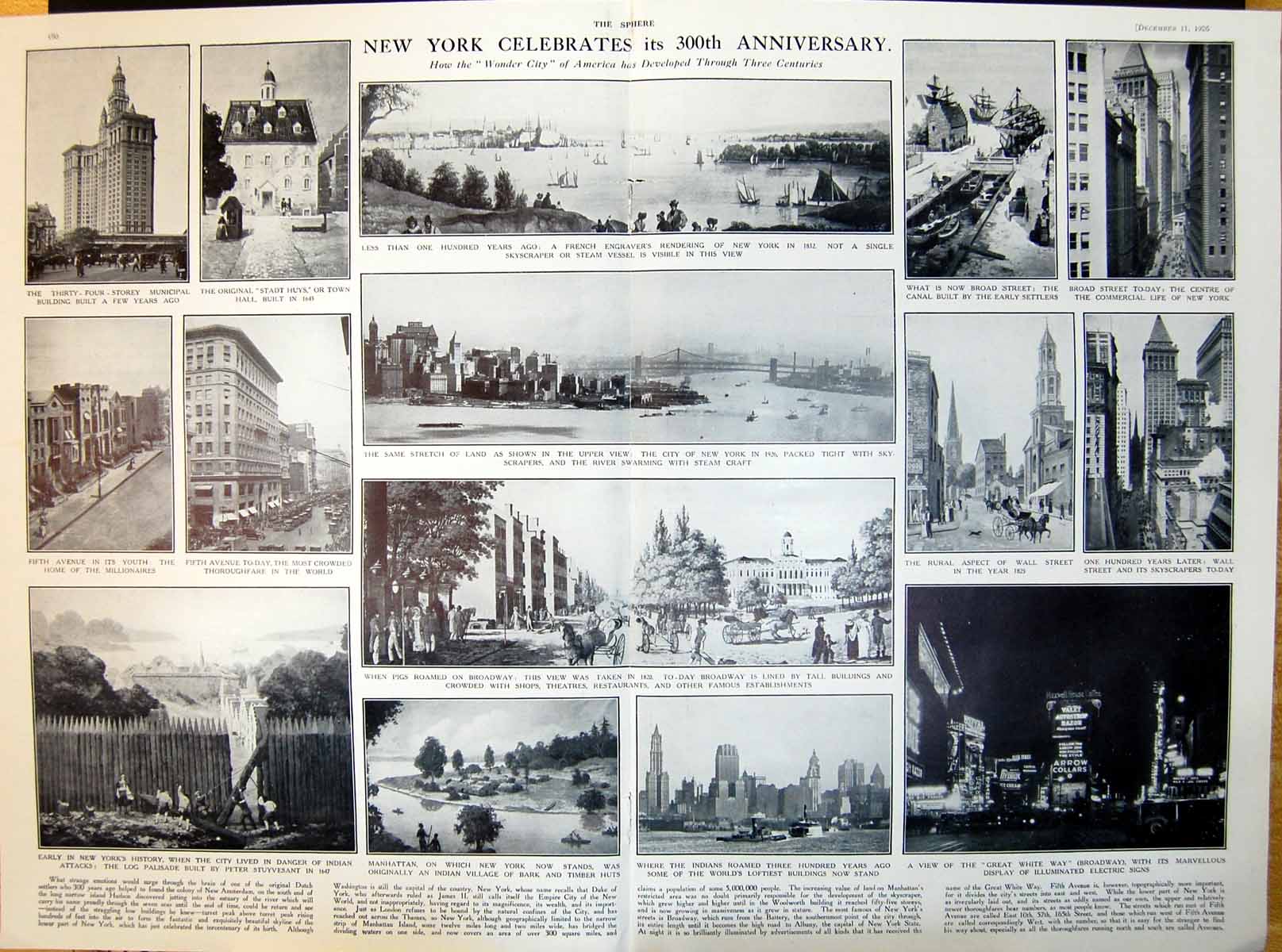 Old Print New York 300Th Anniversary Fifth Avenue Broadway Town Hall 1926