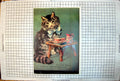 Antique Print Lady Mouser Afternoon Tea Cat Blue Bow Fluffy Colour Portrait