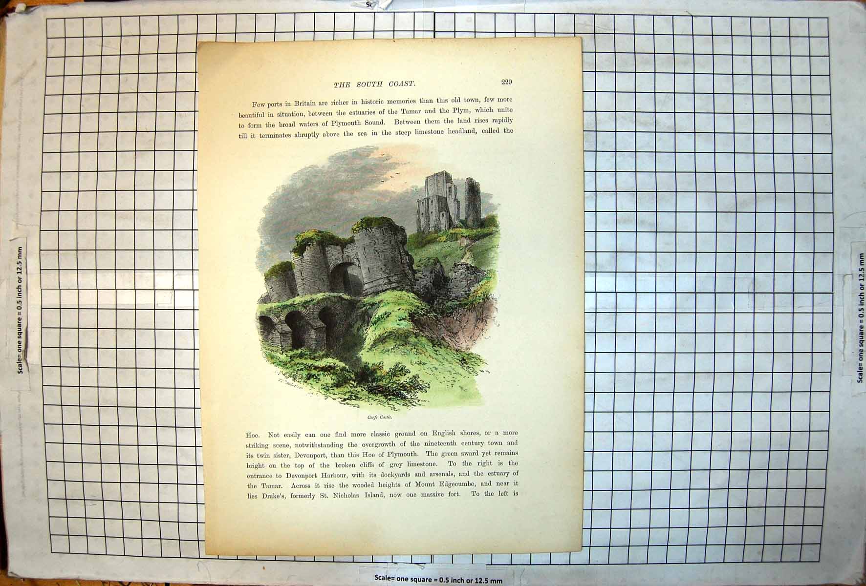 Antique Old Print Picturesque Europe Corfe Caste Colour Arches Ruins Grassy