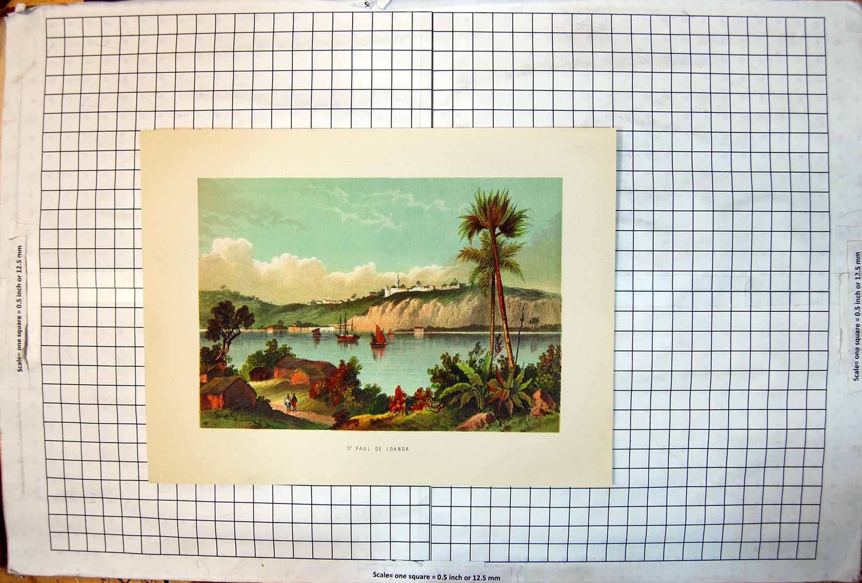Antique Print St Paul De Loanda Tropical Bay Ships Palm Trees Native Houses
