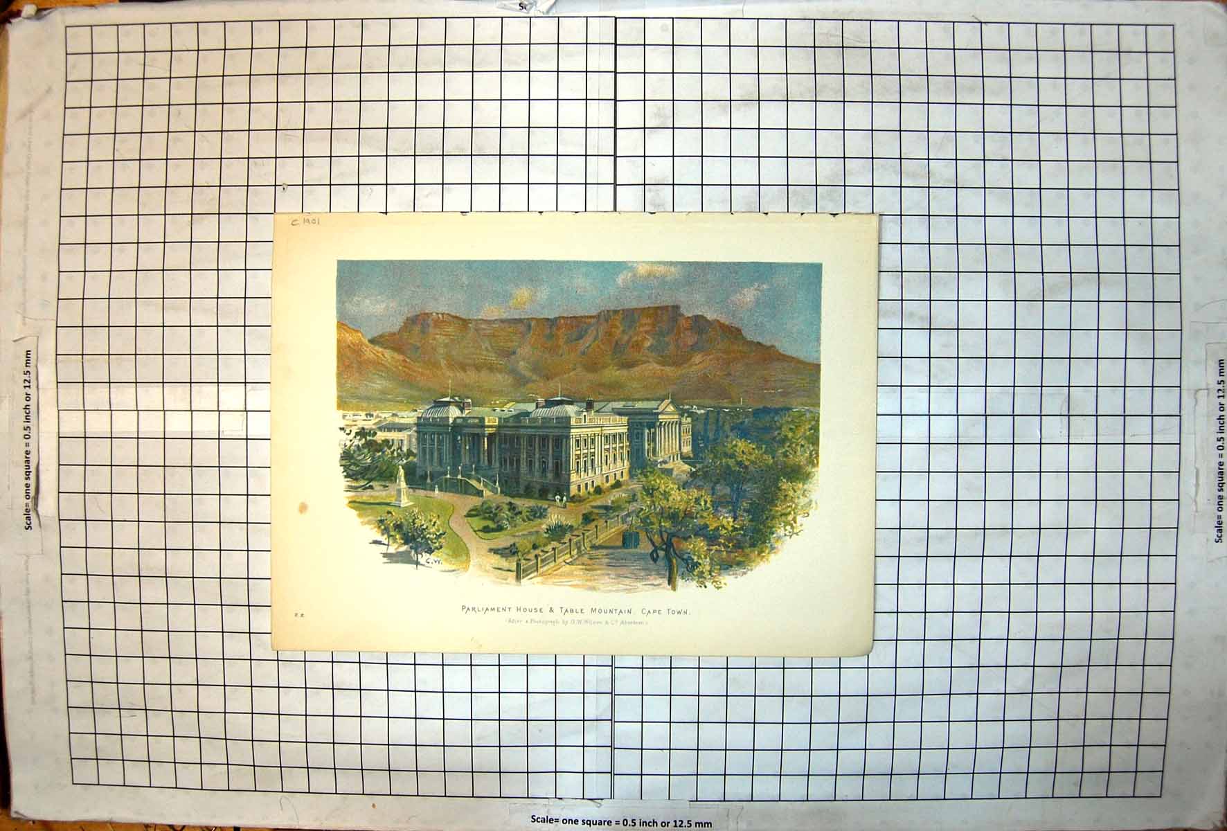 Antique Print Parliament House Table Mountain Cape Town South Africa Colour