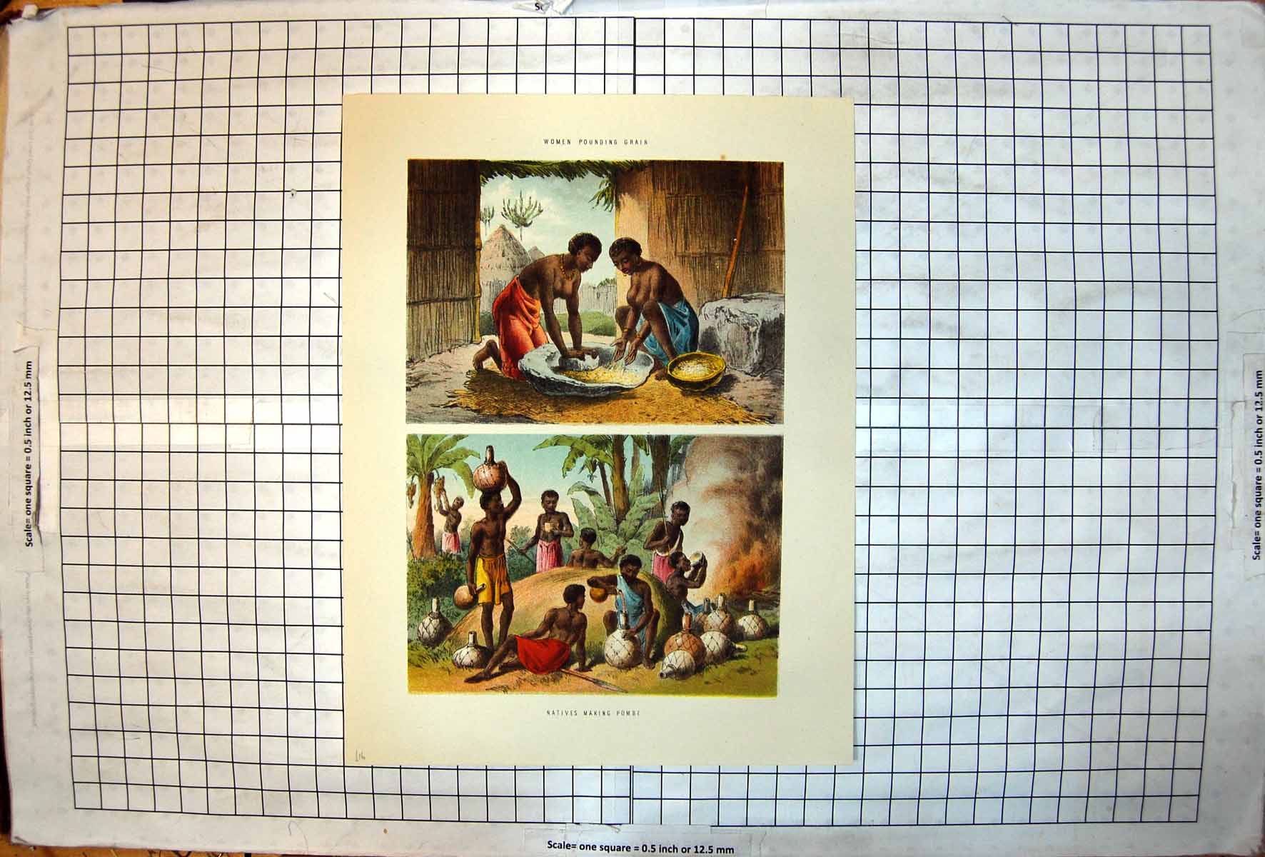 Old Print African Women Pounding Grain Natives Making Pombe Drink Vessels