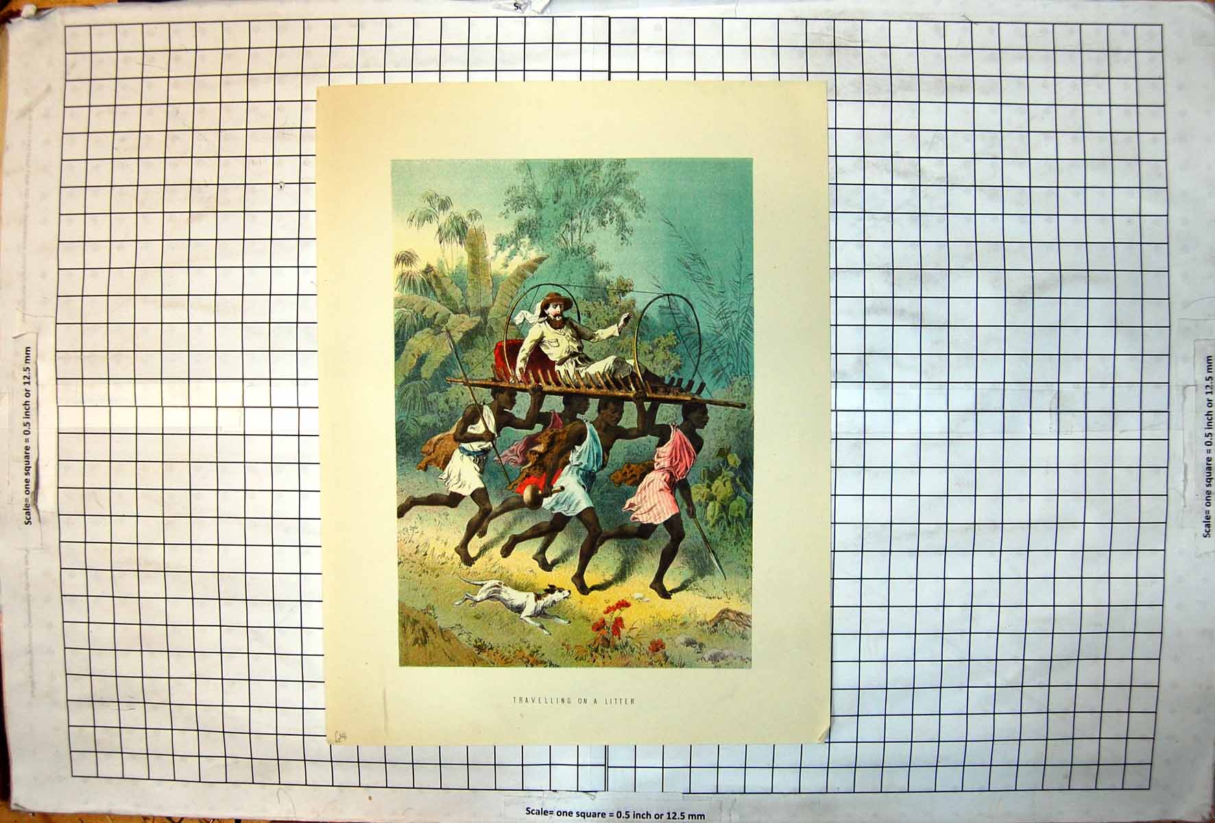 Old Print Travelling Litter White Man Four Natives Carrying Africa Colour