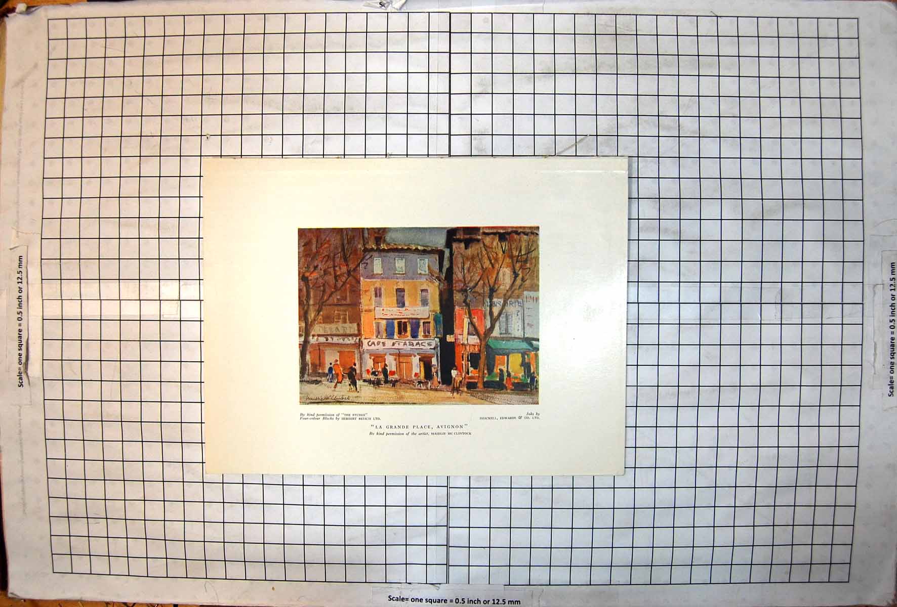 Antique Print La Grande Place Avignon Cafe Tabac Colour Street France 1928 20th