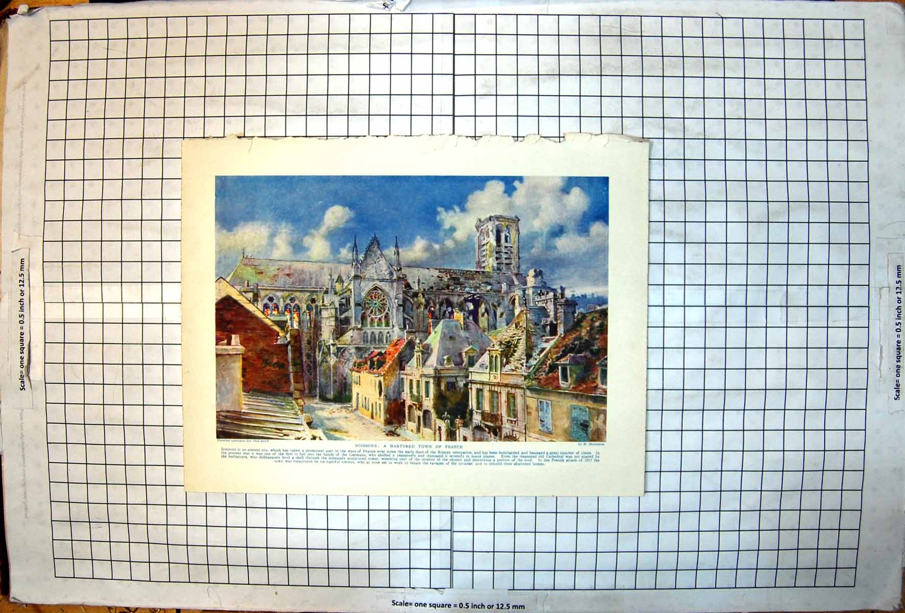 Antique Old Print Soisson Martyred Town France M Dovaston Cathedral Buildings
