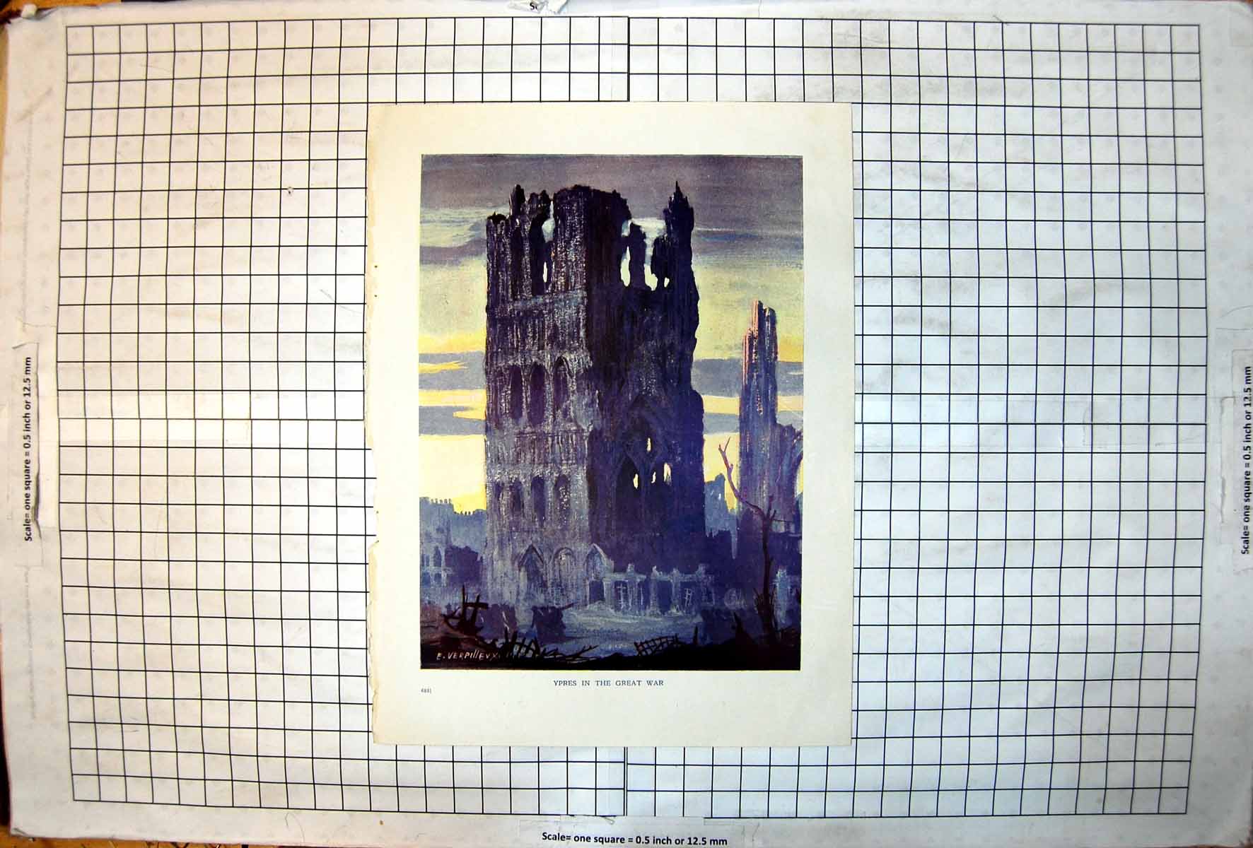 Antique Old Print Ypres Great War Devastation Bombing Siers Sombre Colours
