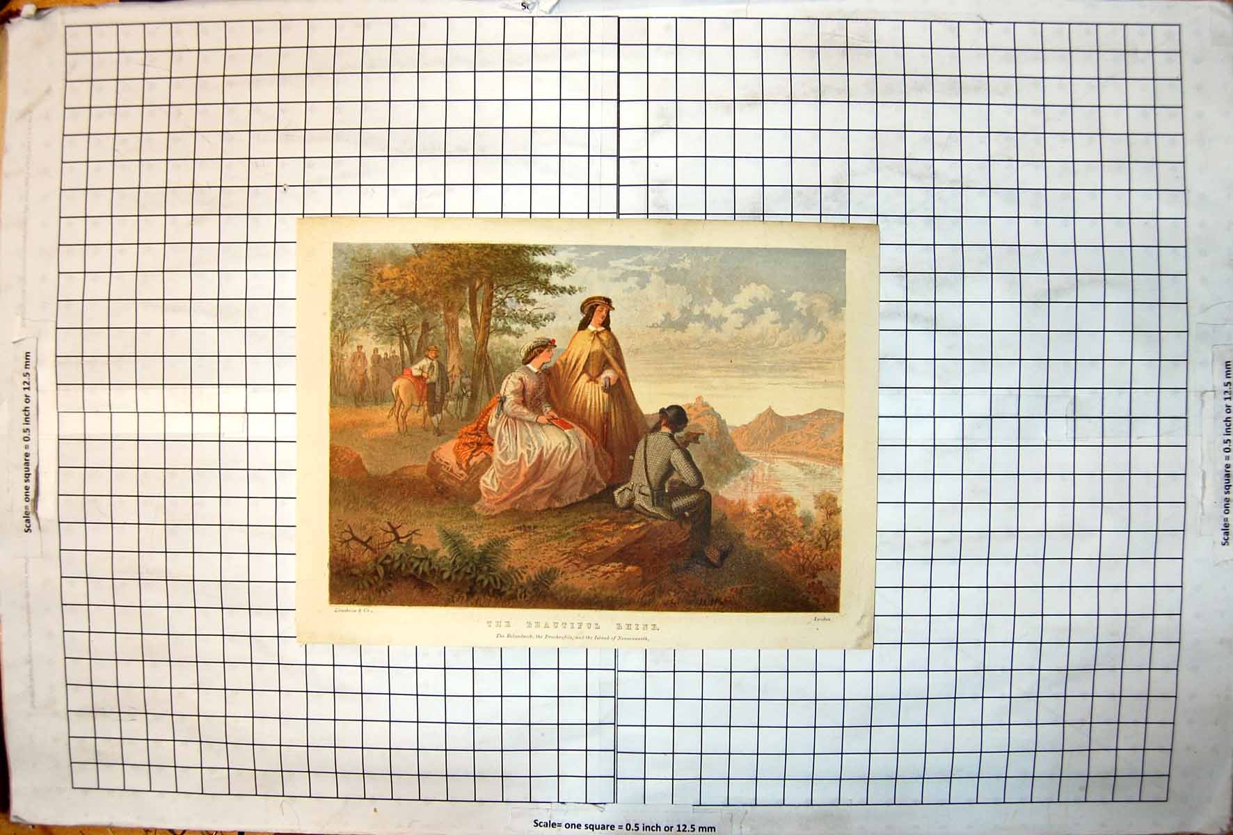 Antique Old Print Beautiful Rhine Gentleman Ladies Admiring View Colour River