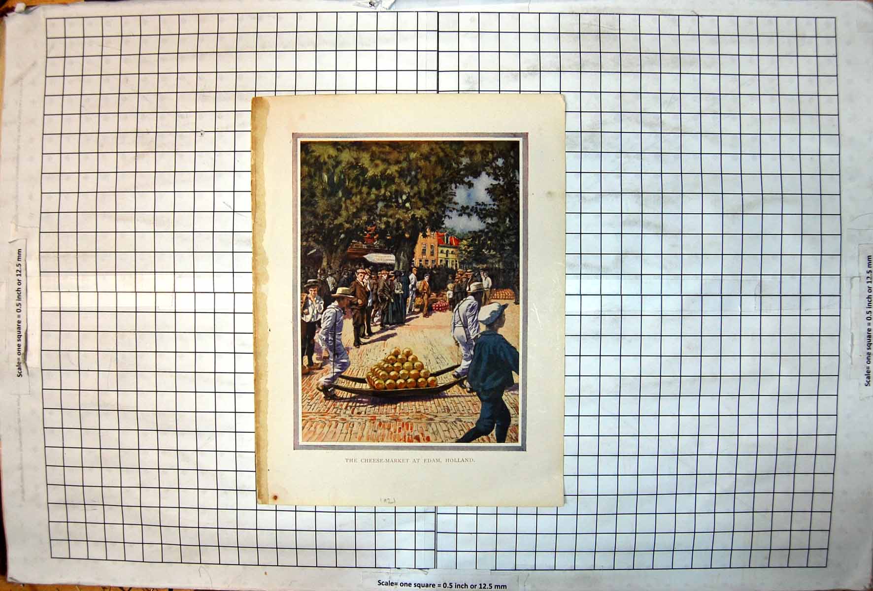 Antique Old Print Cheese Market Edam Holland Cobbled Street White Suits 1921