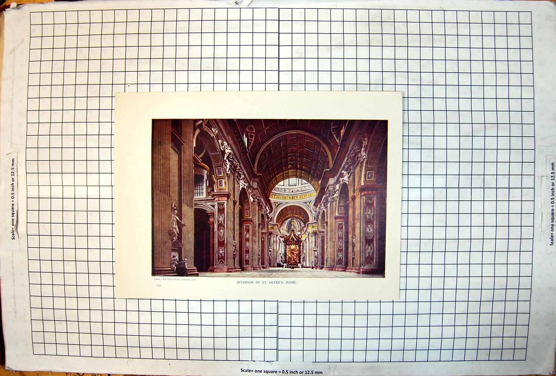 Antique Old Print Interior St Peter'S Rome Arches Statuary Ceiling Lettering