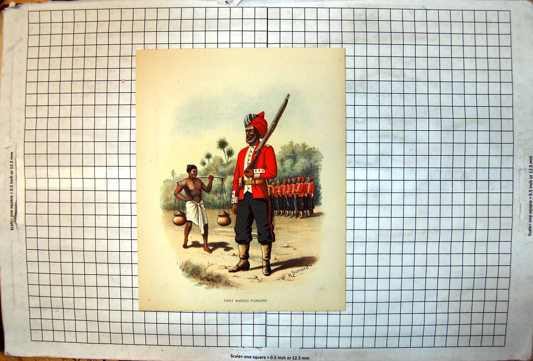 Antique Print First Madras Pioneers Red Coats Red White Blue Turbans C1889 19th