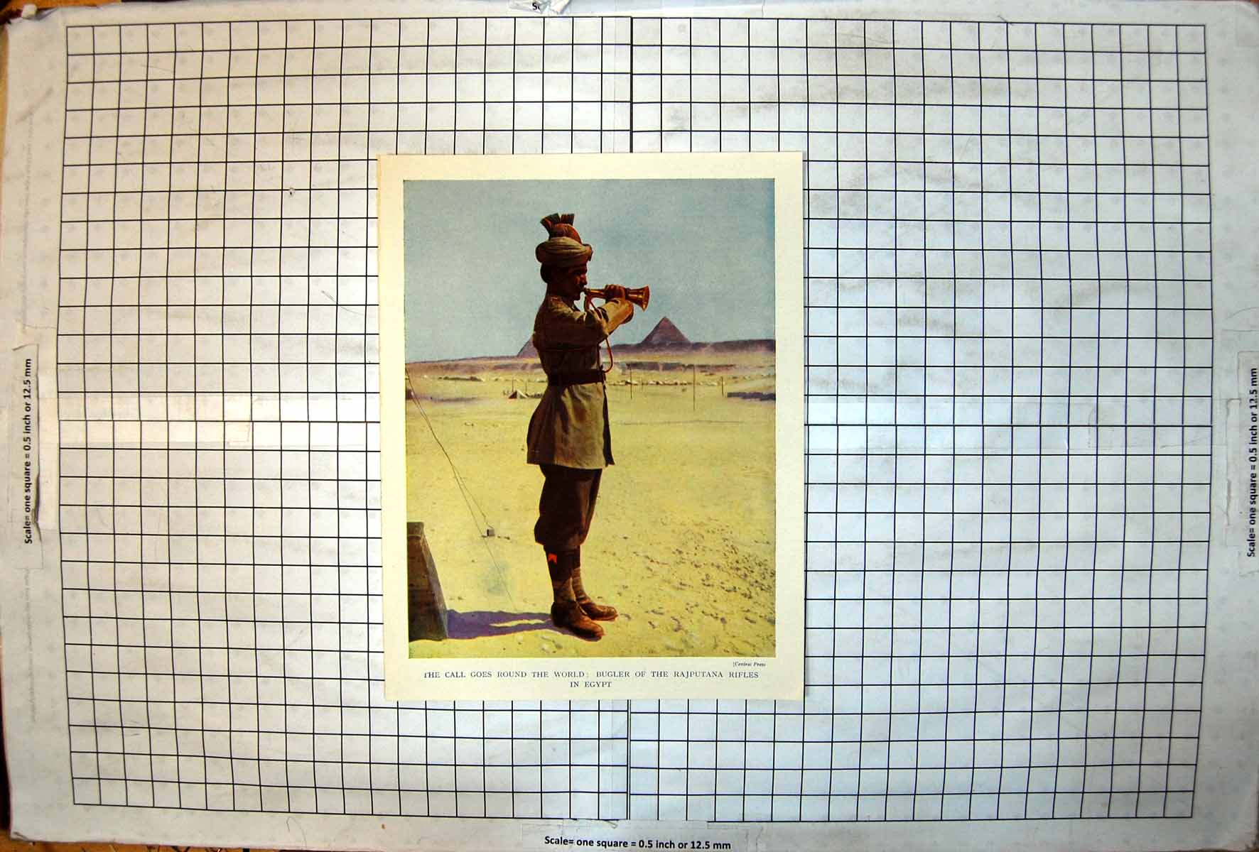 Antique Old Print Bugler Rajputana Rifles Egypt Full Uniform Pyramids C1940