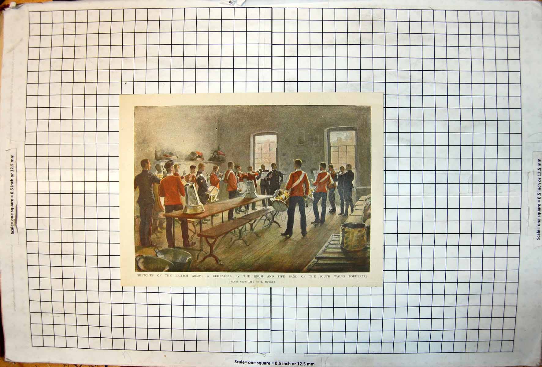 Old Print Rehearsal Drum Fife Band South Wales Borderers J Hoynck Colour
