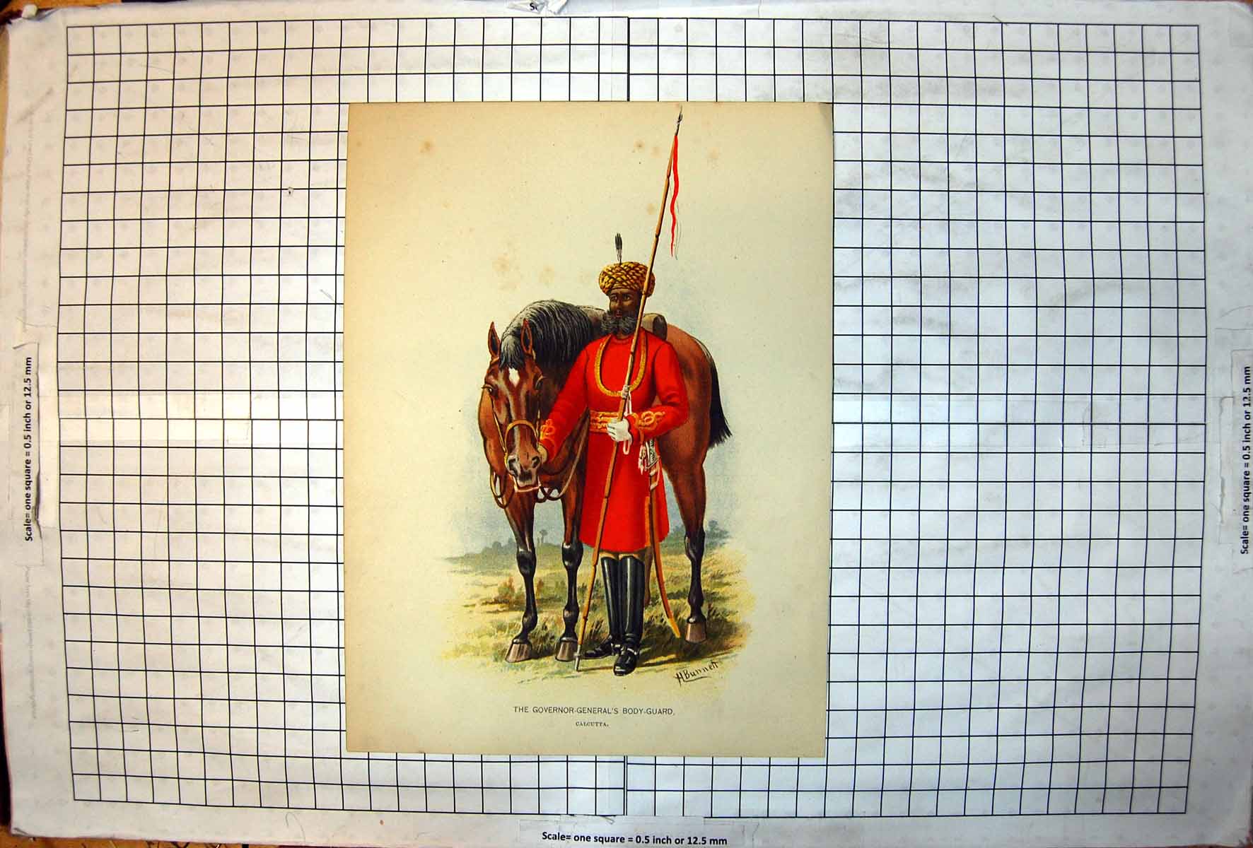 Old Print Governor-General'S Body Guard Calcutta Red Uniform Turban C1889 19th