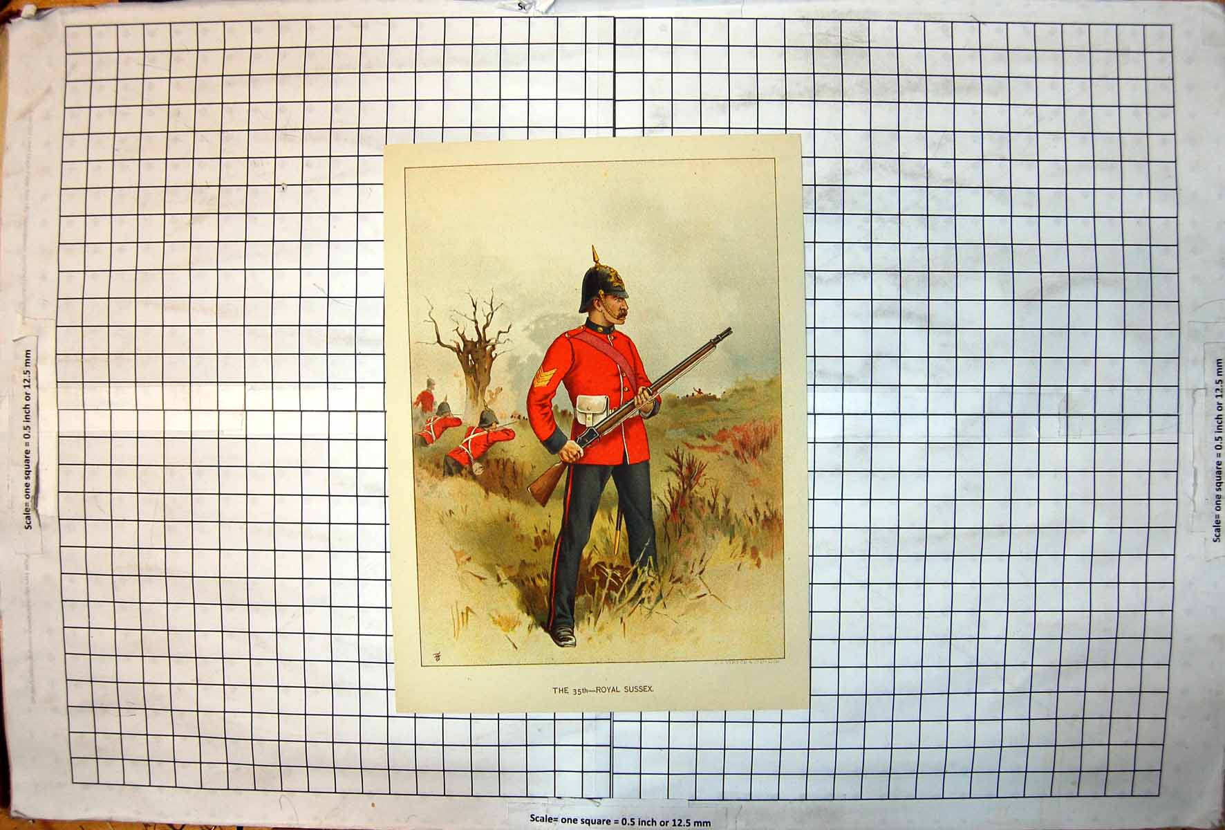 Old Print 35Th Royal Sussex Portrait Colour In Action Rough Ground Rifle
