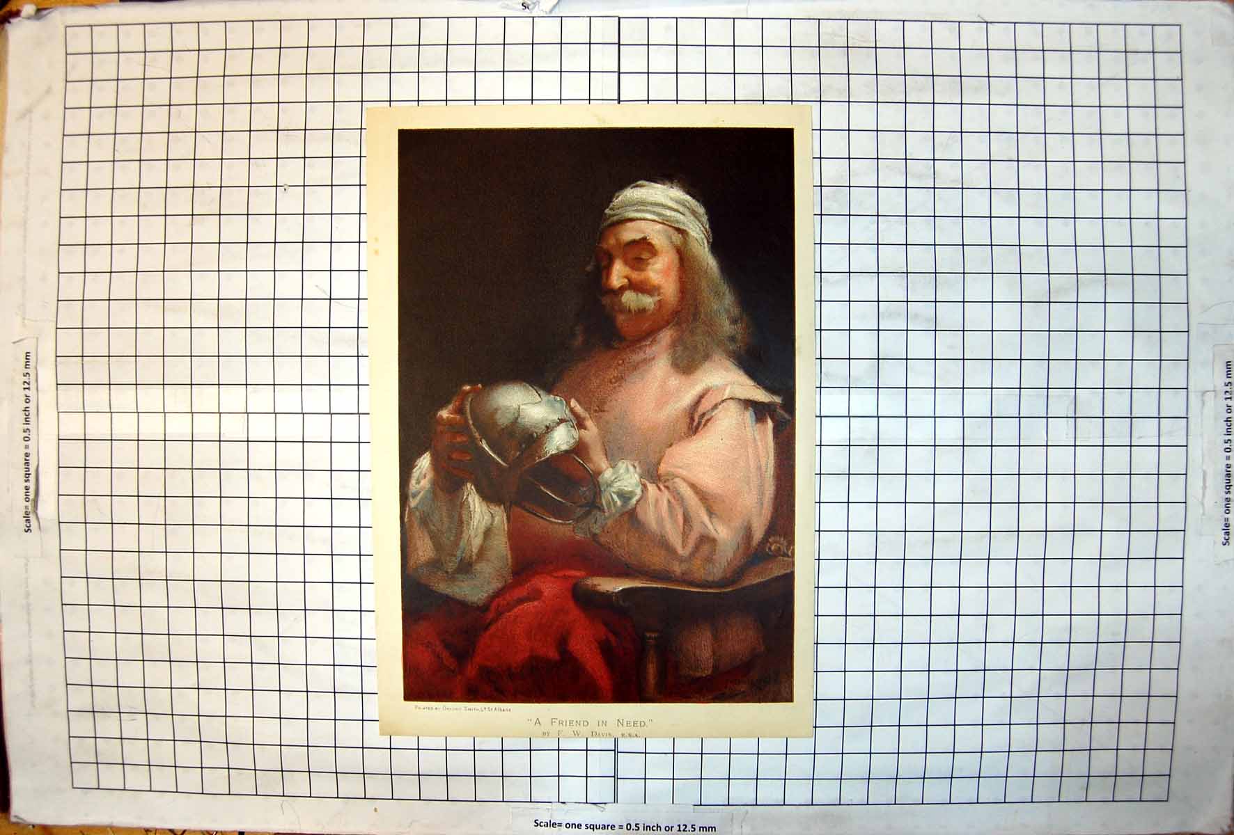Antique Print Friend Need Portrait FW Davis Colour Man Looking Helmet 1897 19th