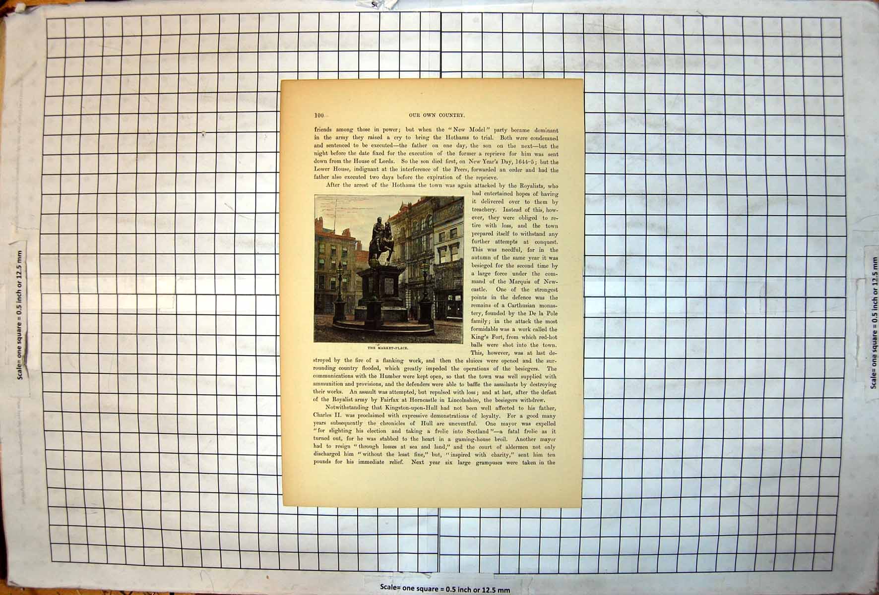 Antique Old Print The Market Place Hull Statue Rider Horse Atop Plinth Lamps