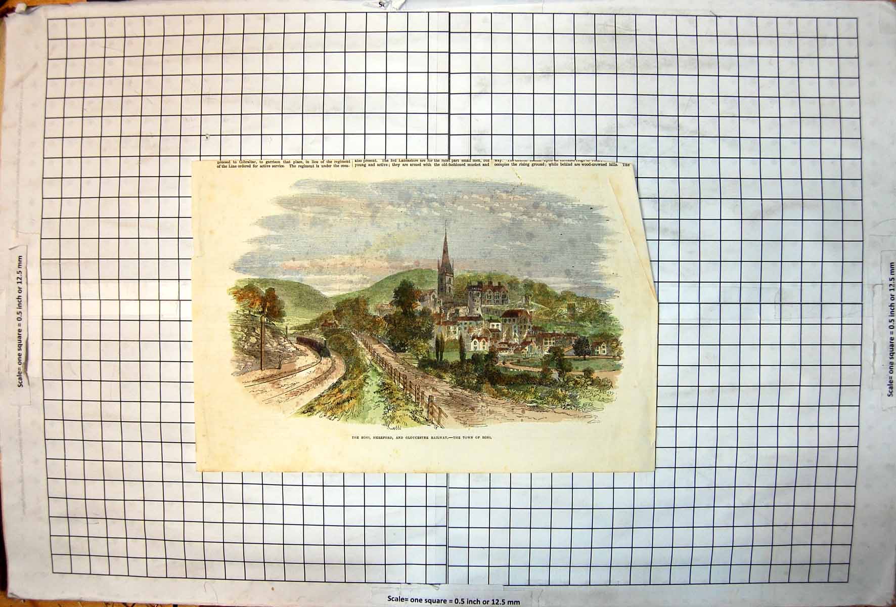 Antique Old Print Ross Hereford Gloucester Railway Passing Town Ross Colour
