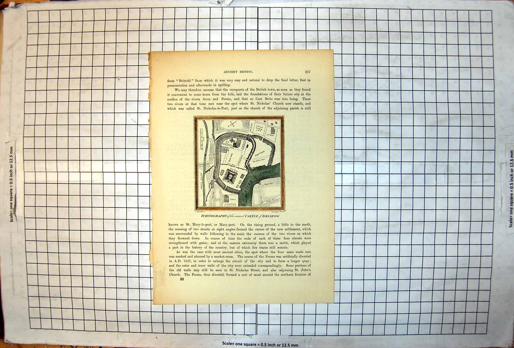 Antique Old Print Ichnography Ancient Castle Bristow Map River Avon Bristol