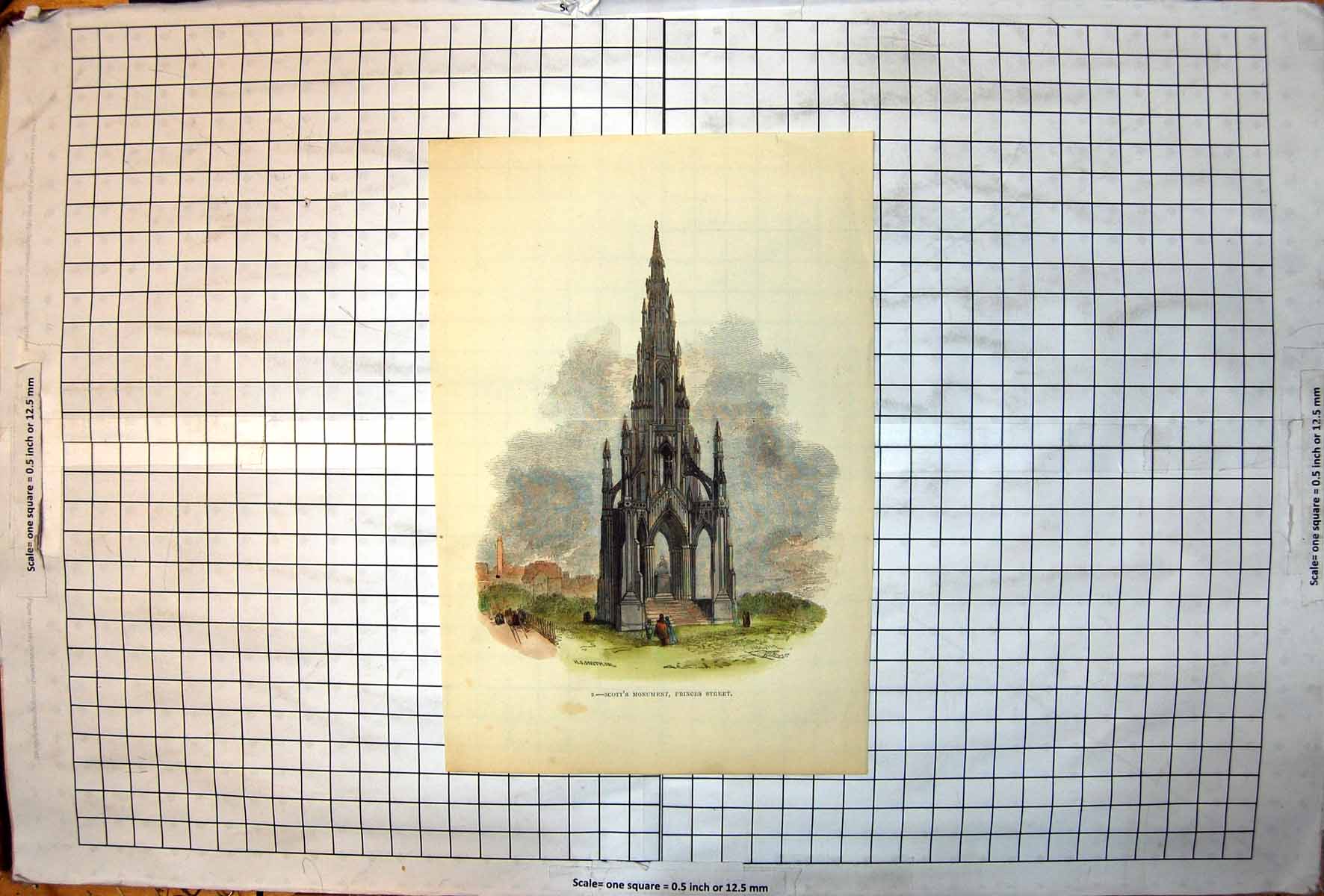 Antique Old Print Scott'S Monument Princes Street Edinburgh HD Smith Colour