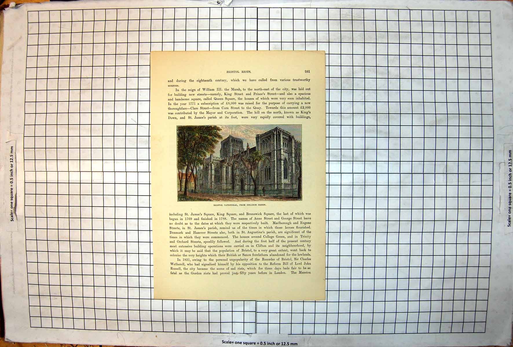 Old Print Bristol Cathedral From College Green Grey Building Colour Trees 20th