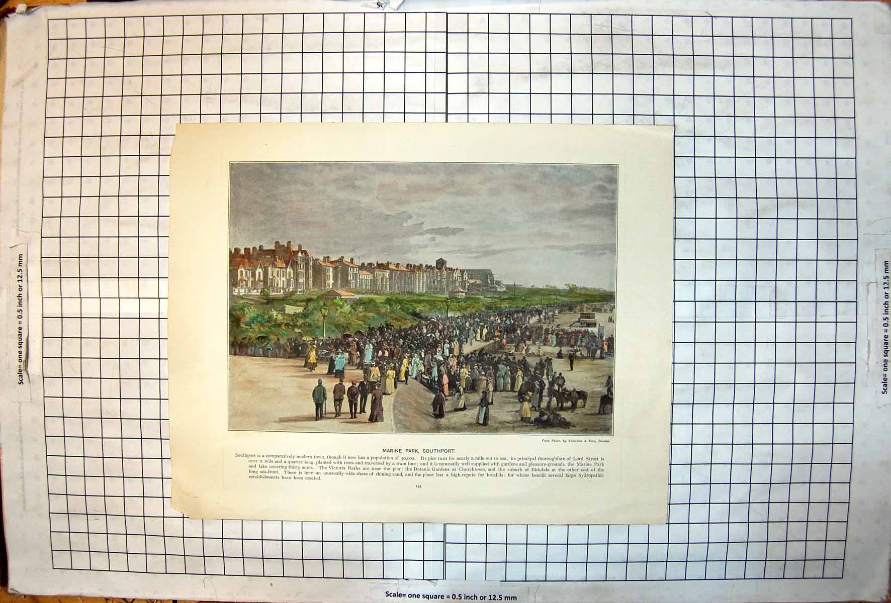 Antique Old Print Marine Park Southport Seashore Promenade Planting Buildings