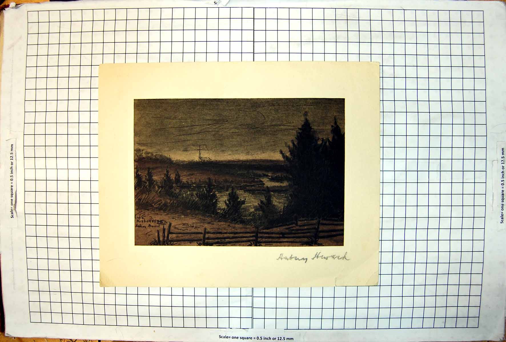 Old Antique Print Lake Nashonsing A Heward Howard? Signed Water Trees Sky 20th