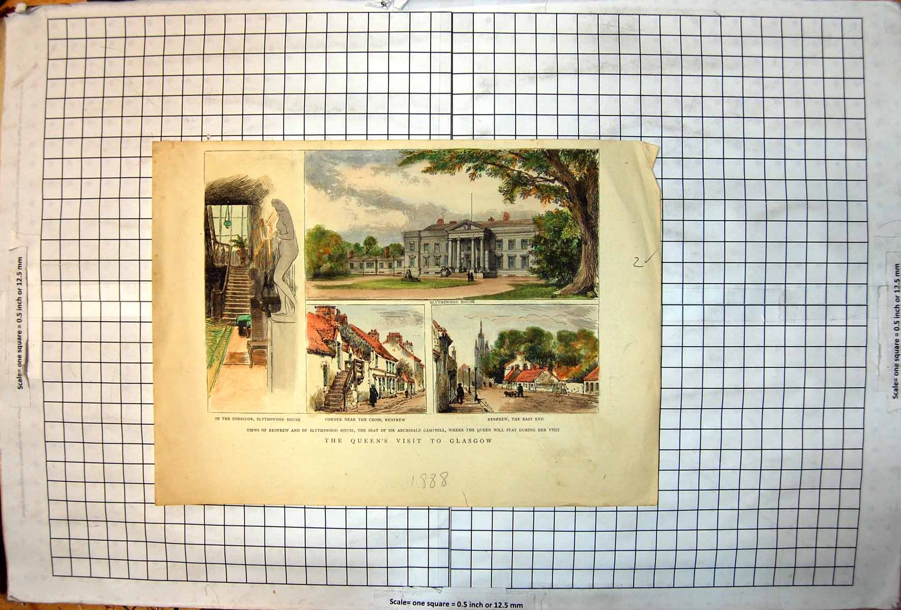 Antique Old Print Glasgow Blytheswood House Exterior Interior Renfrew Colour