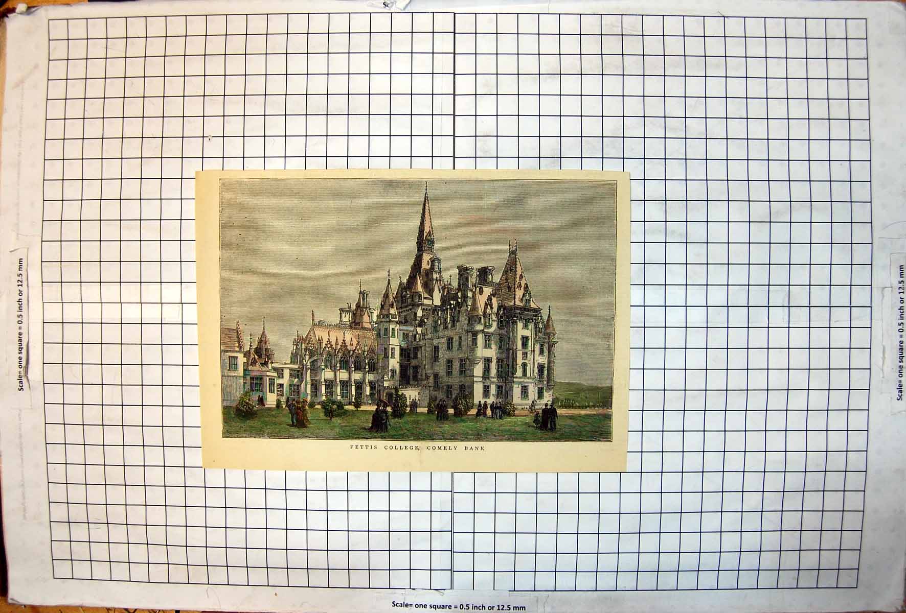 Antique Old Print Fettis College Comely Bank Building Grounds People Parasols