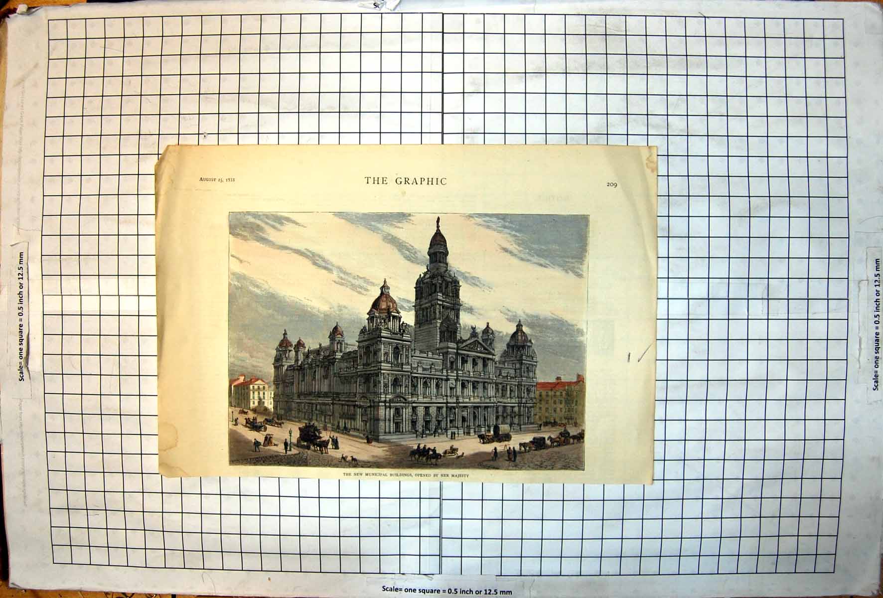 Old Print New Municipal Buildings Opened Her Majesty Horse Carriage 1833 19th