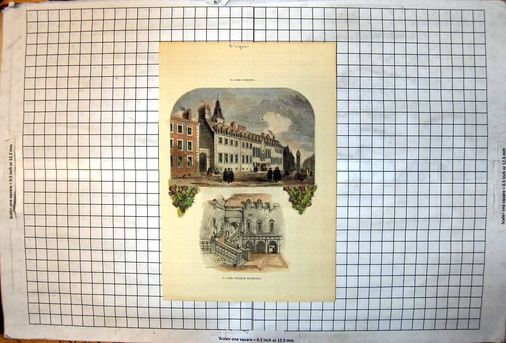Antique Print Glasgow The College Staircase External Lion Unicorn Thistles