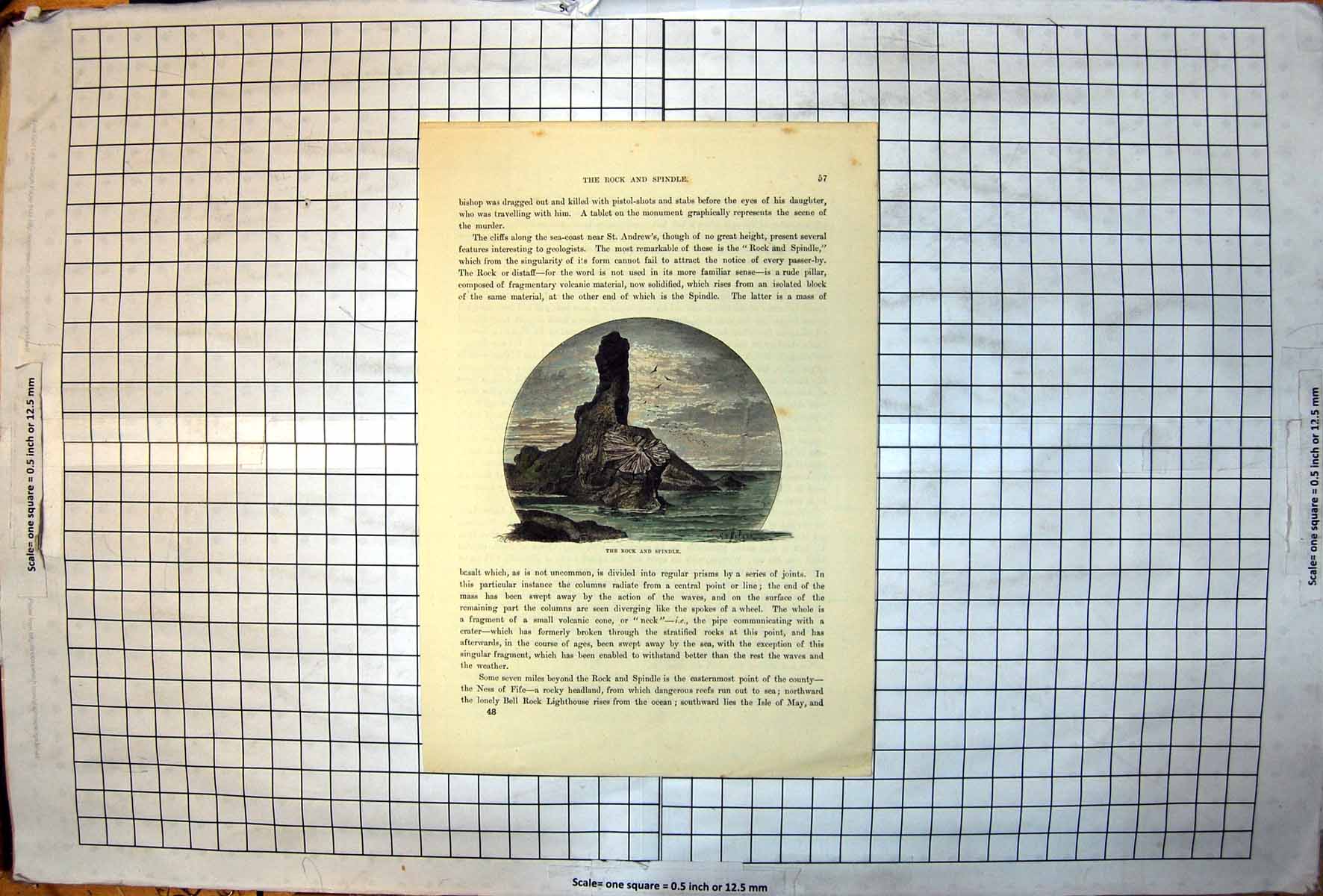 Antique Old Print Rock And Spindle Sea Coast Near St Andrew'S Basalt Colour