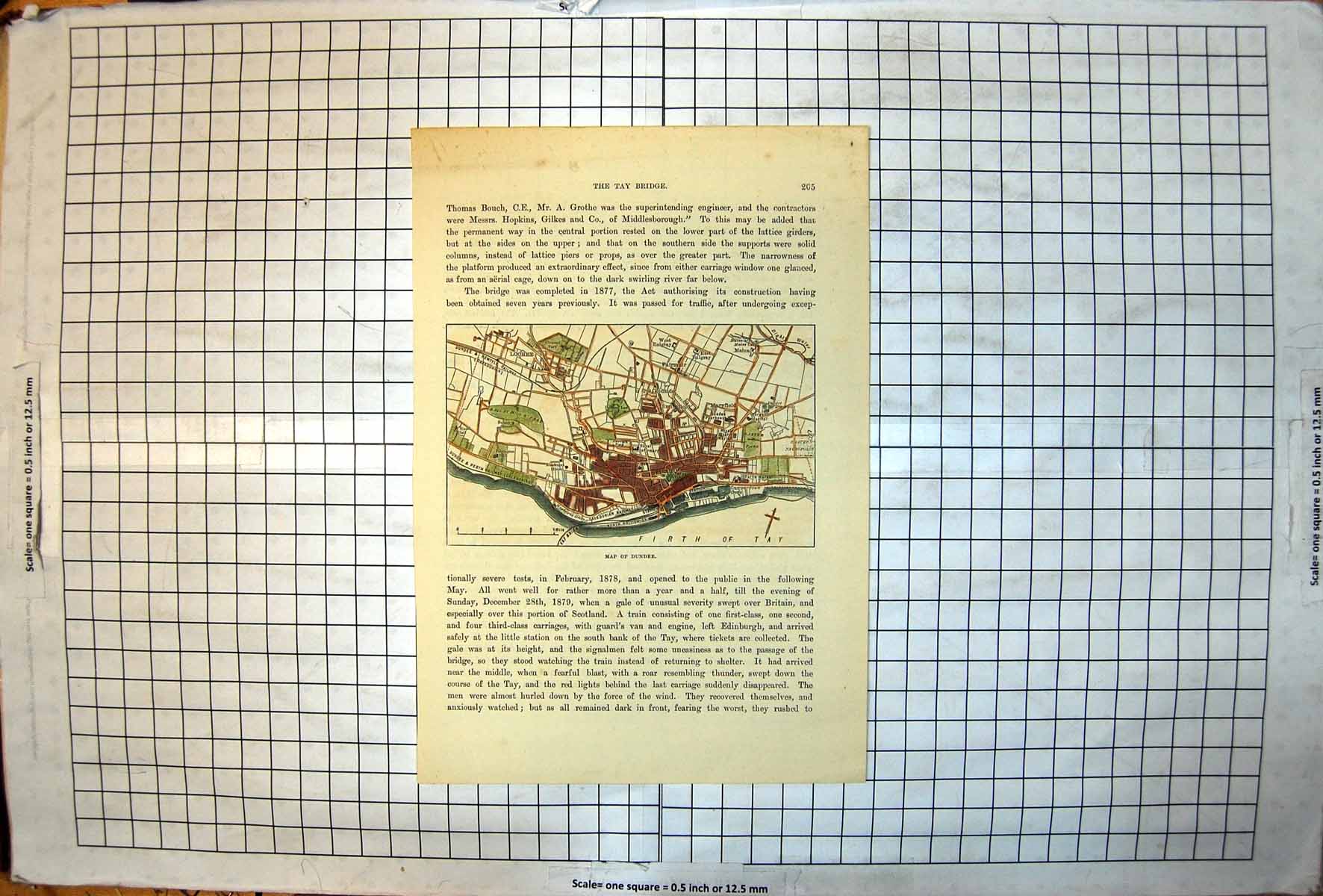 Antique Print Map Dundee Firth Tay Timber Pond Bridge Railway Disaster Text