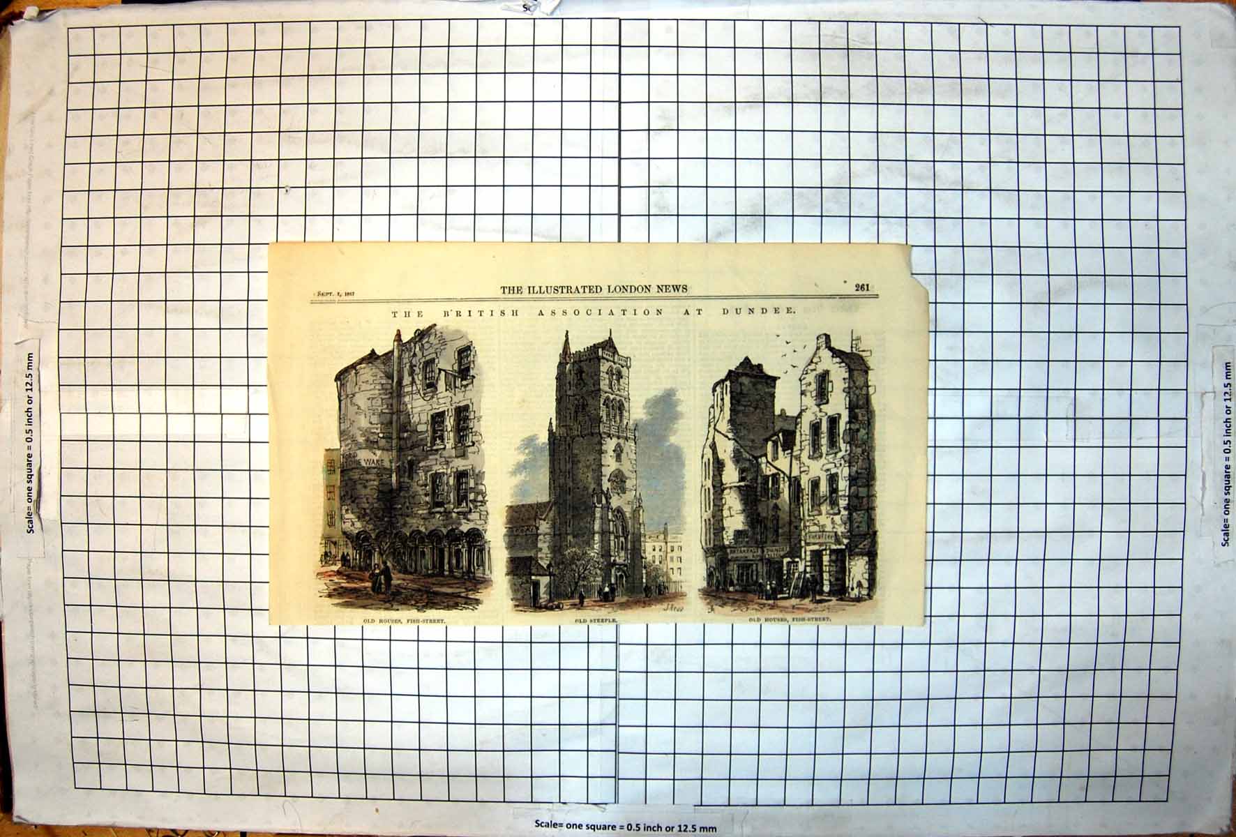 Old Antique Print Dundee Houses Fish Street Steeple Buildings Colour 1867 19th