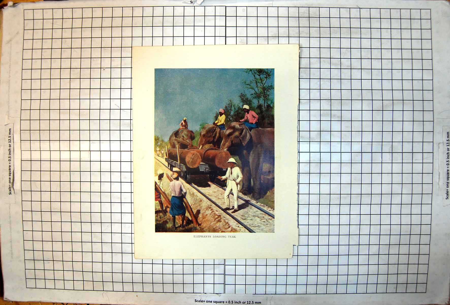 Old Print Elephants Loading Teak Onto Railway Cart Natives White Man 1915 20th