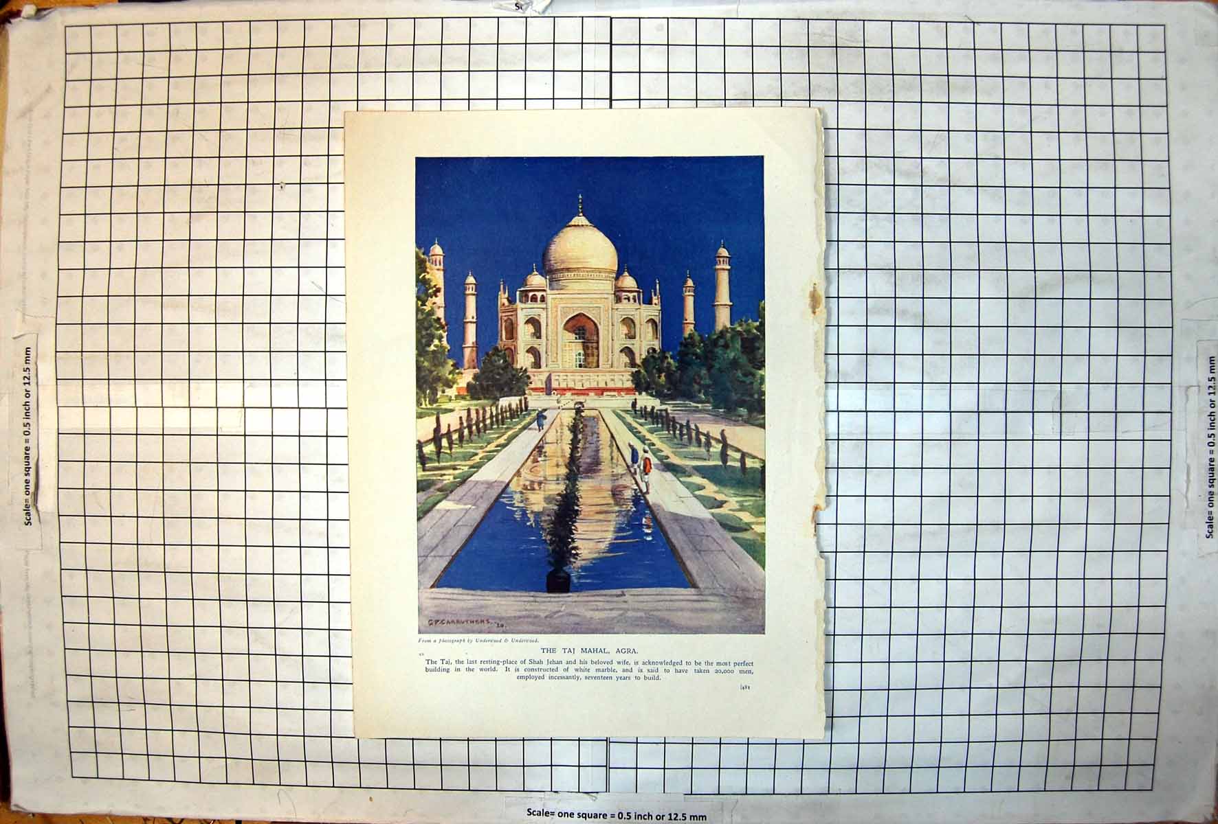 Old Print Taj Mahal GP Carruthers Classic View Across Water Marble Colour