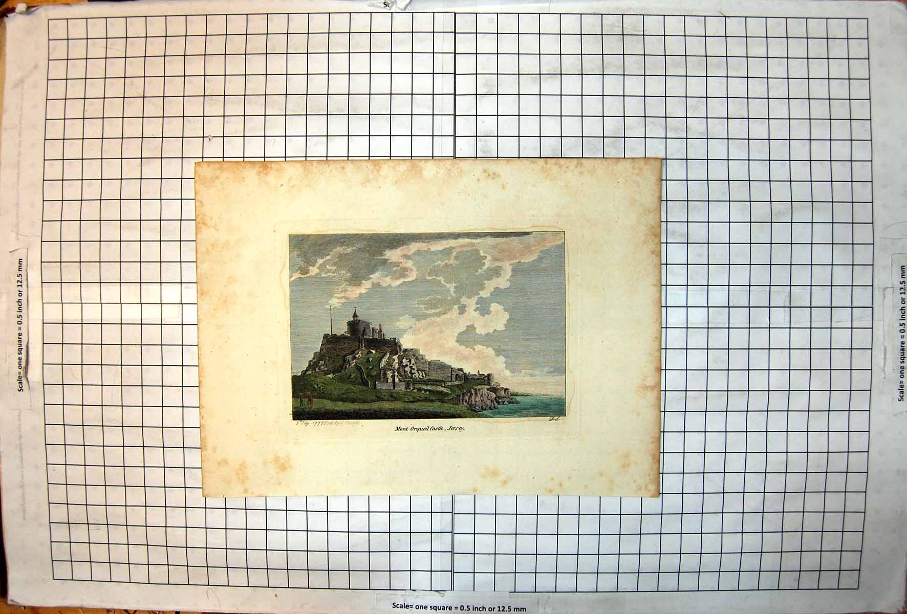 Antique Old Print Mont Orqueil Castle Jersey Hilltop Sea Cliffs Grassland Sky