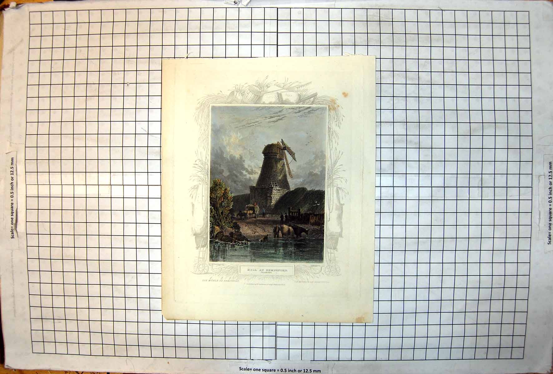 Old Print Mill Kempsford Gloucestershire Cattle Drinking Fish Woven Nets