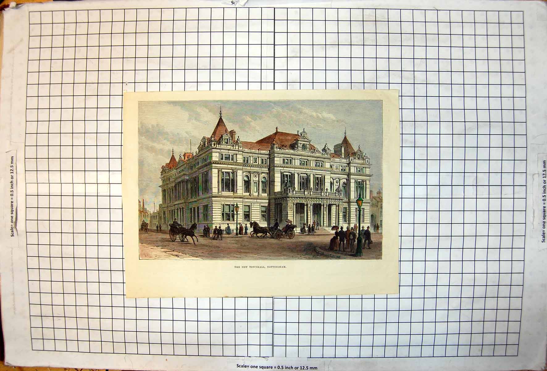 Antique Old Print The New Town Hall Nottingham Exterior View Horses Carriages