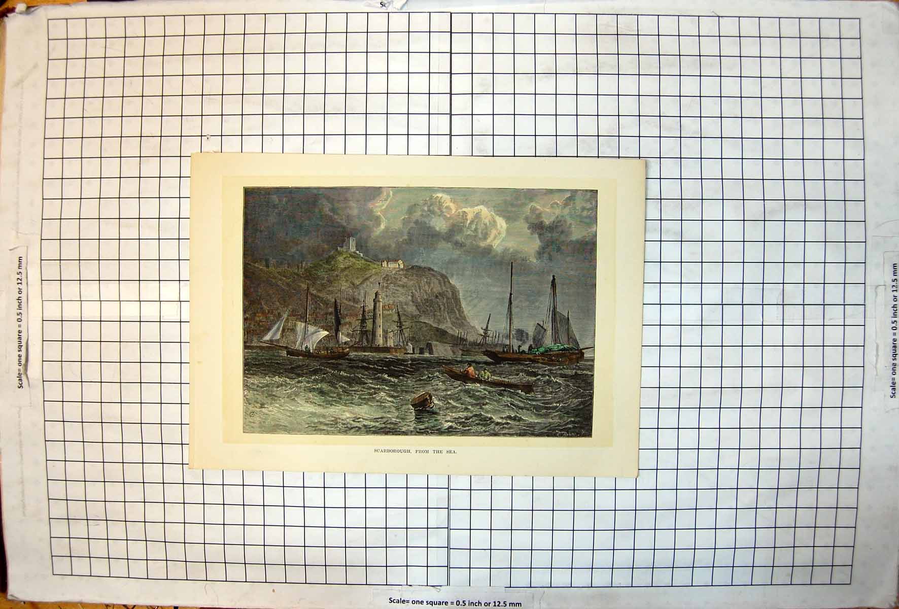 Antique Old Print Scarborough From Sea Lighthouse Sailing Rowing Boats Colour