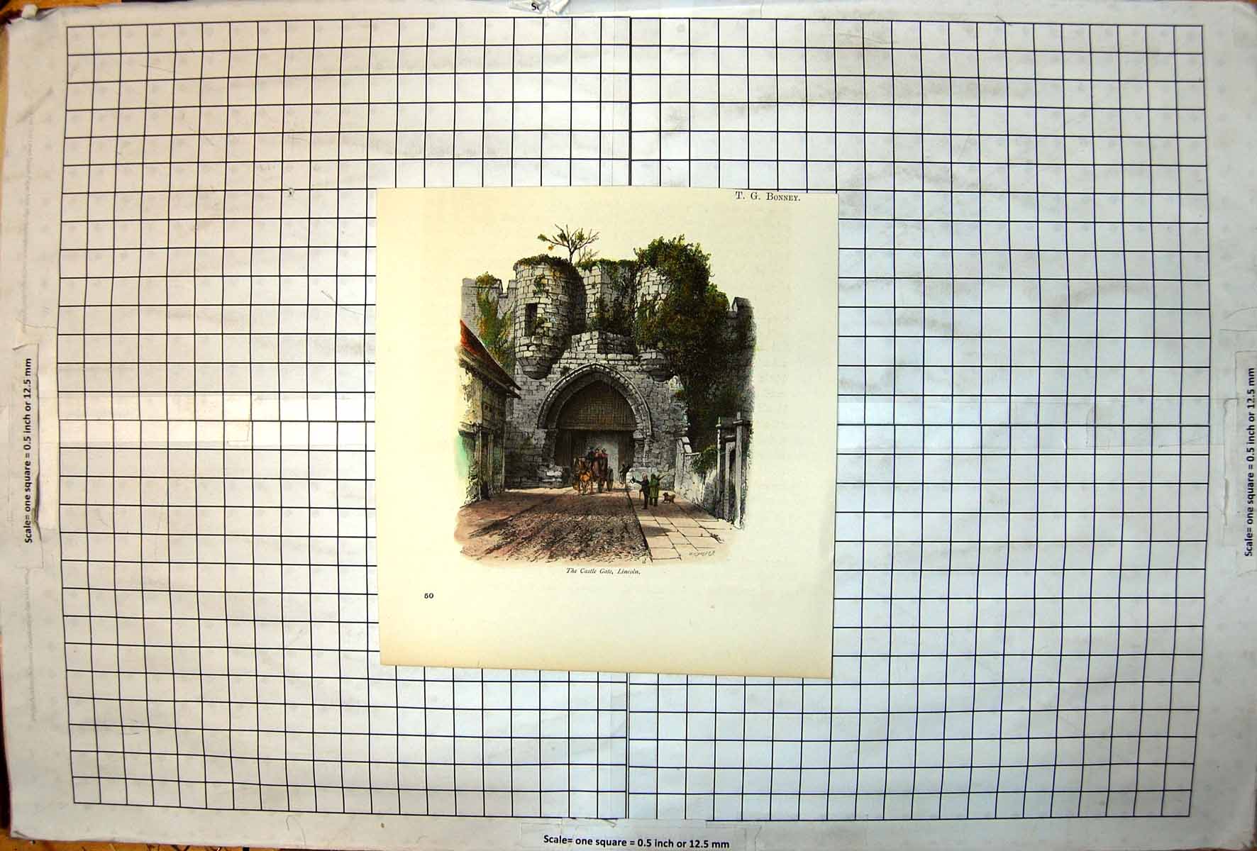 Antique Old Print Castle Gate Lincoln Archway Horse Carriage Ivy Trees Colour