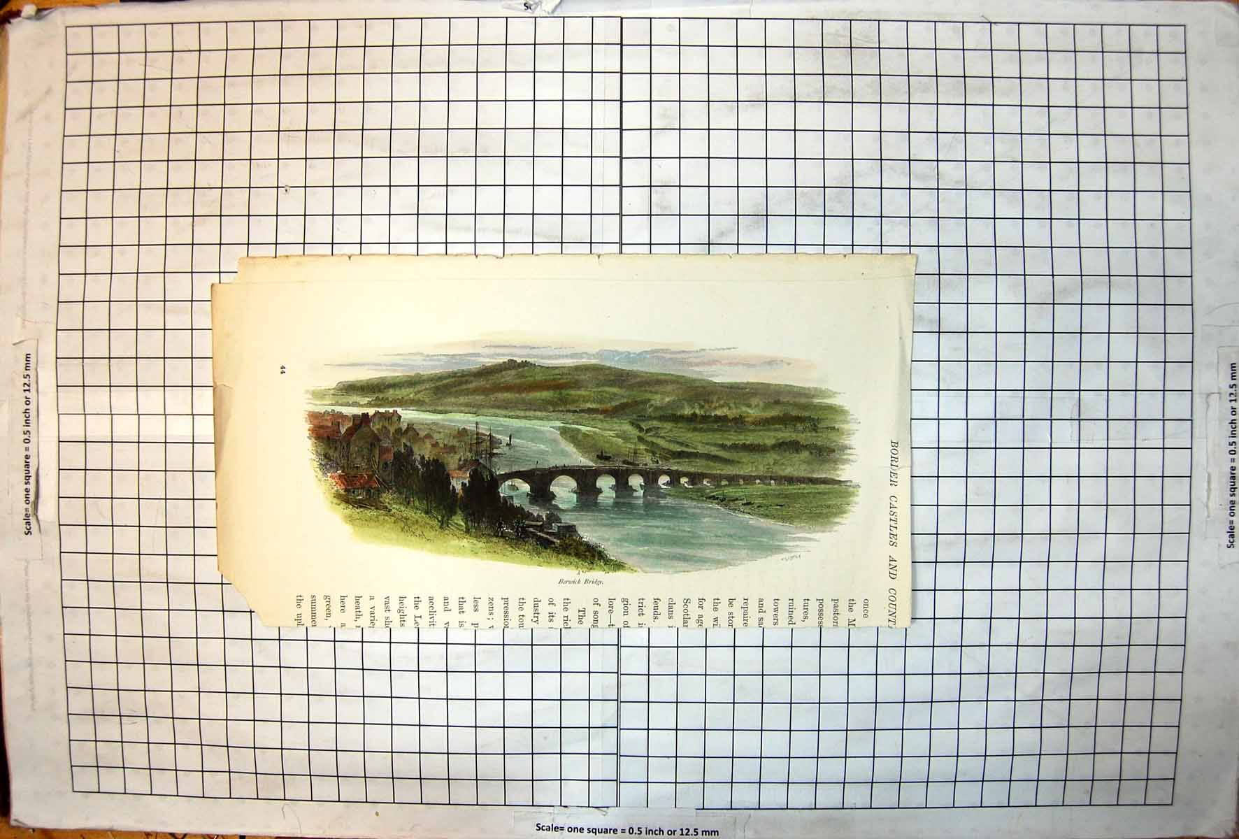 Old Print Berwick Bridge Many Arches Houses Sailing Boats Colour Scotland