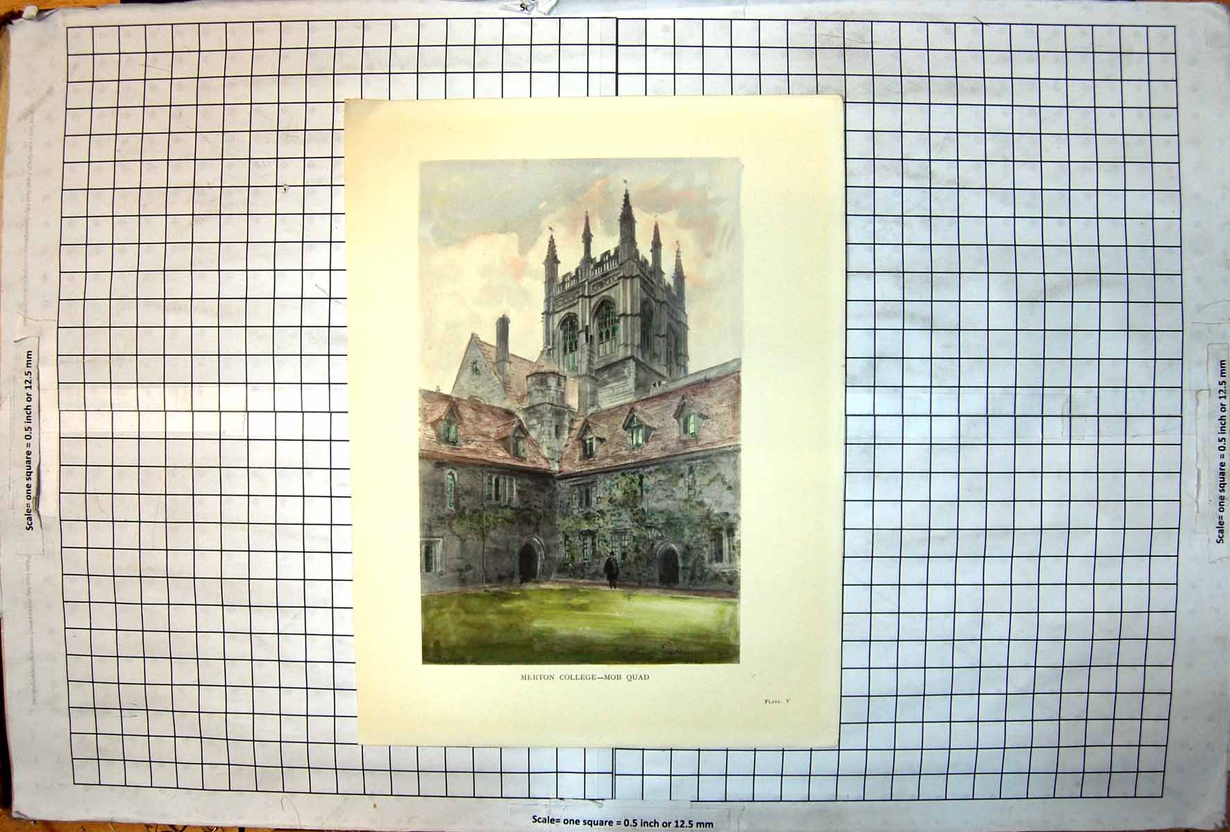 Old Antique Print Merton College Mob Quad Corner Buildings Tower Arches