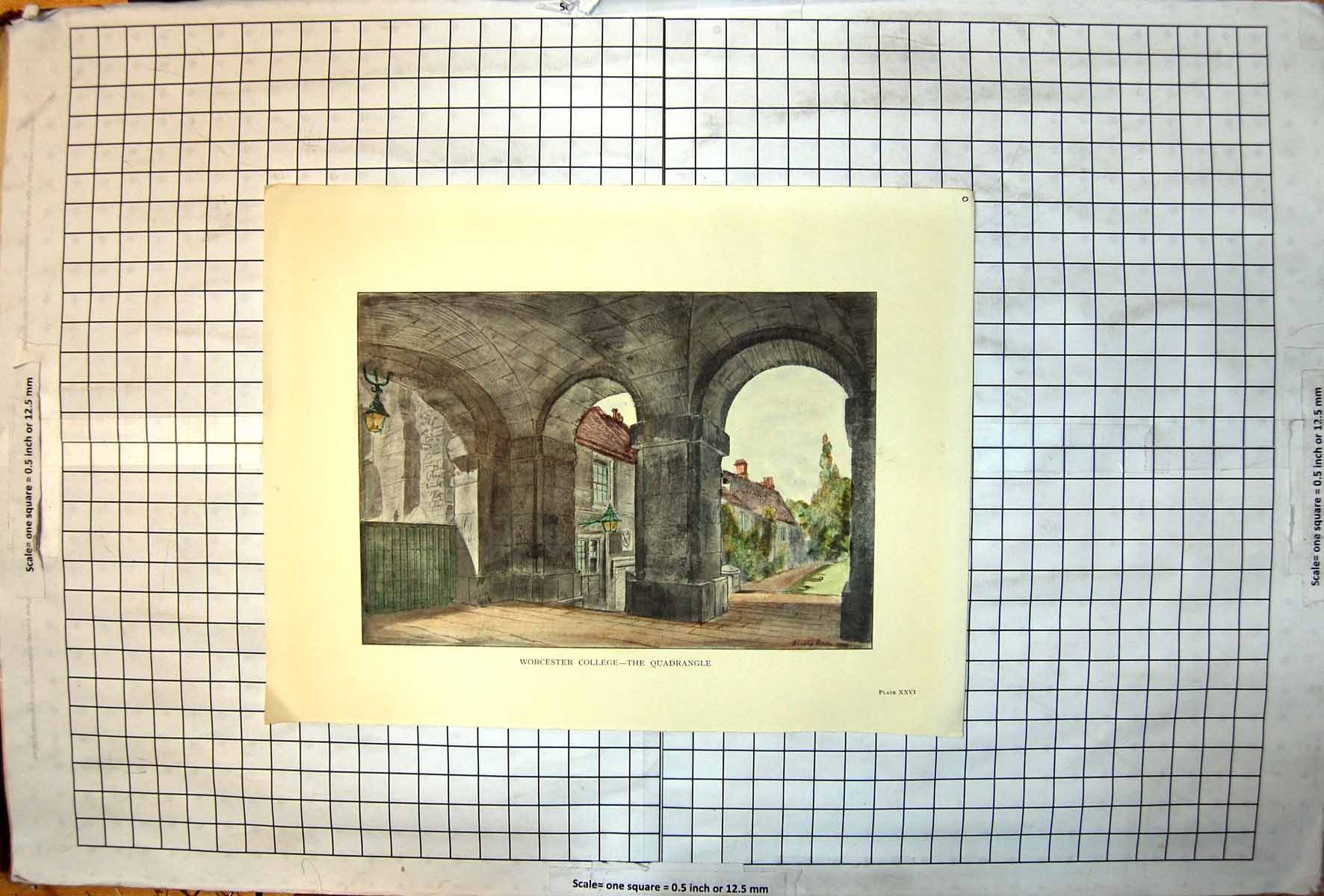 Antique Old Print Worcester College The Quadrangle Lanterns Archways C1909 20th
