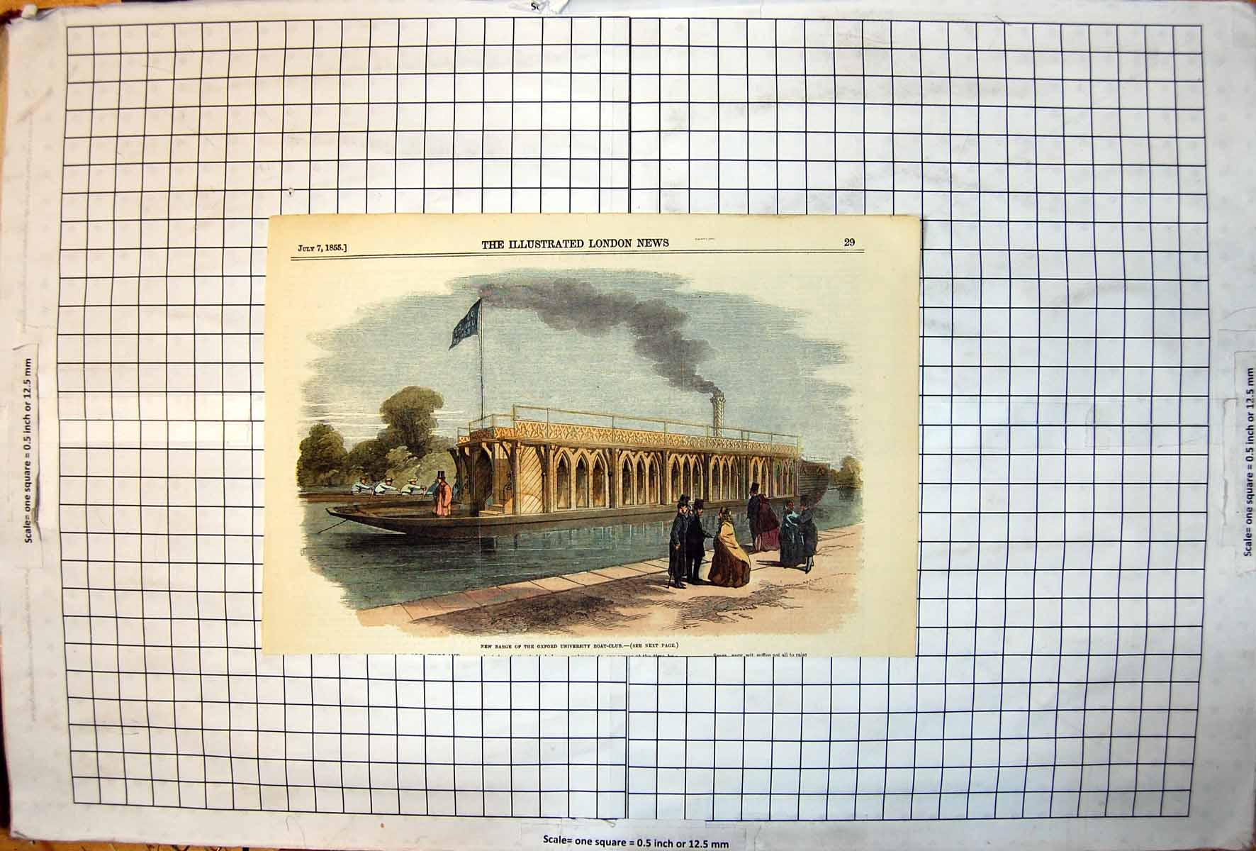 Old New Barge Oxford University Boat Club Colour People Top Hats 1855 Victorian