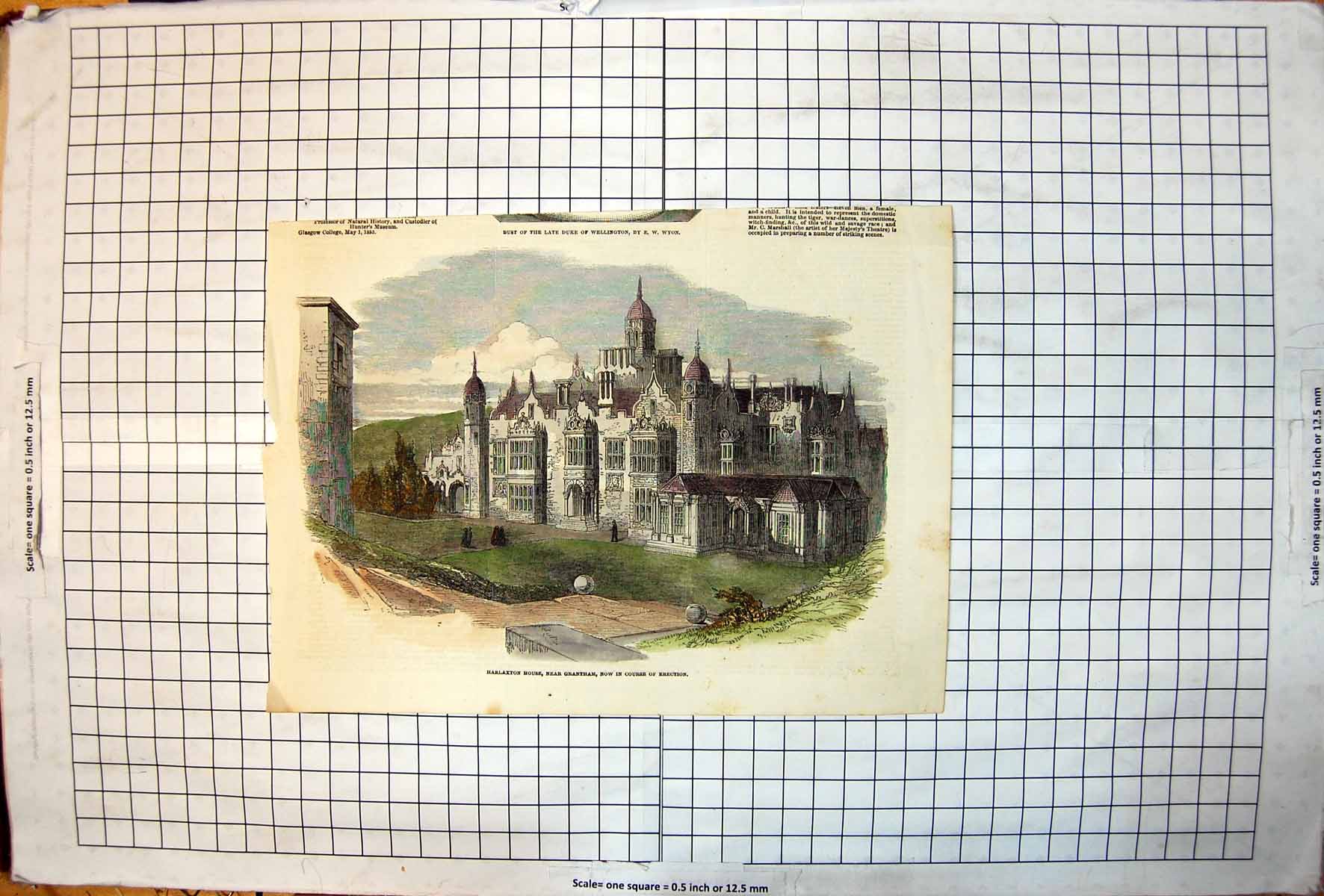 Original Old Antique Print Harlaxton House Near Grantham Now In Course Erection