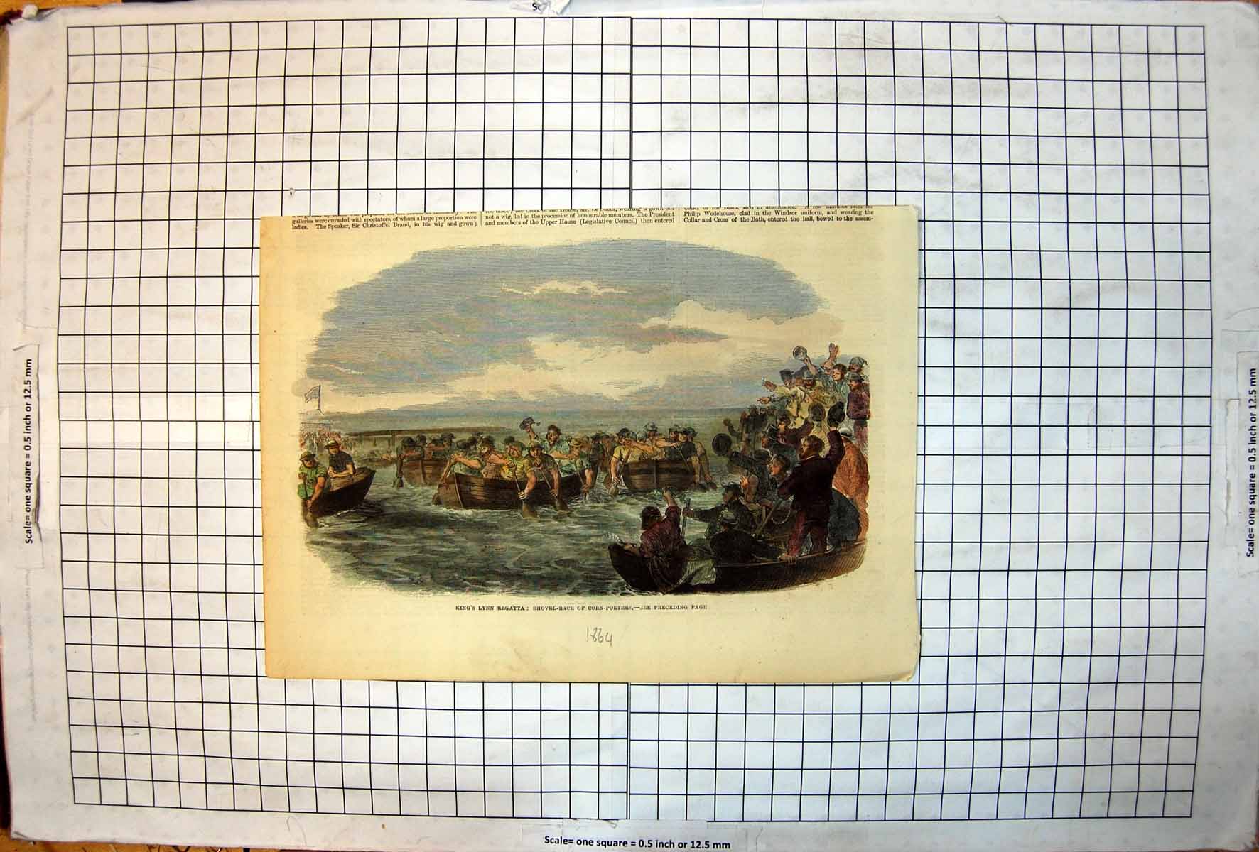 Antique Old Print King'S Lynn Regatta Shovel Race Corn Porters Colour Boats