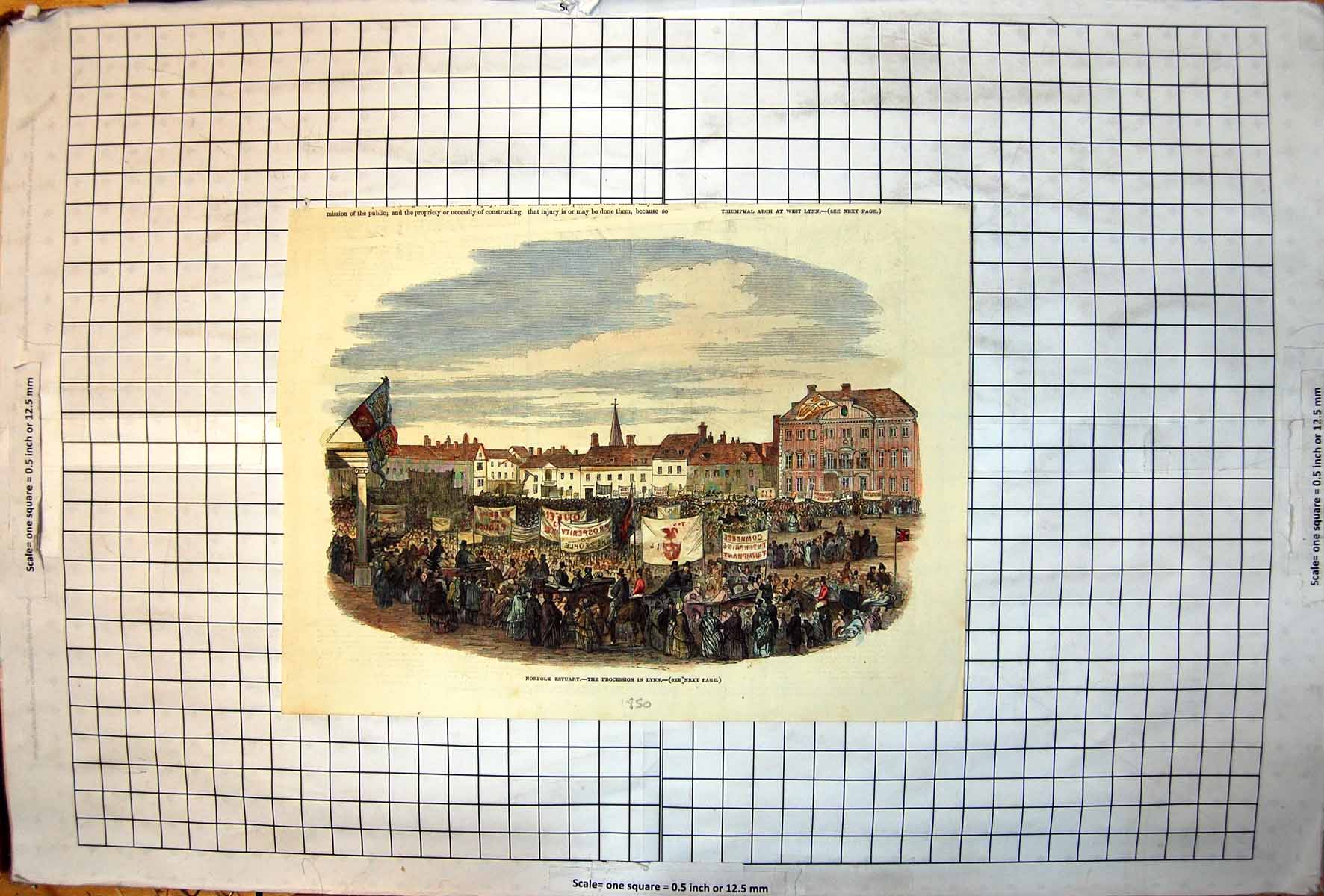 Antique Old Print Norfolk Estuary Procession In Lynn Commerce Enterprise 1850