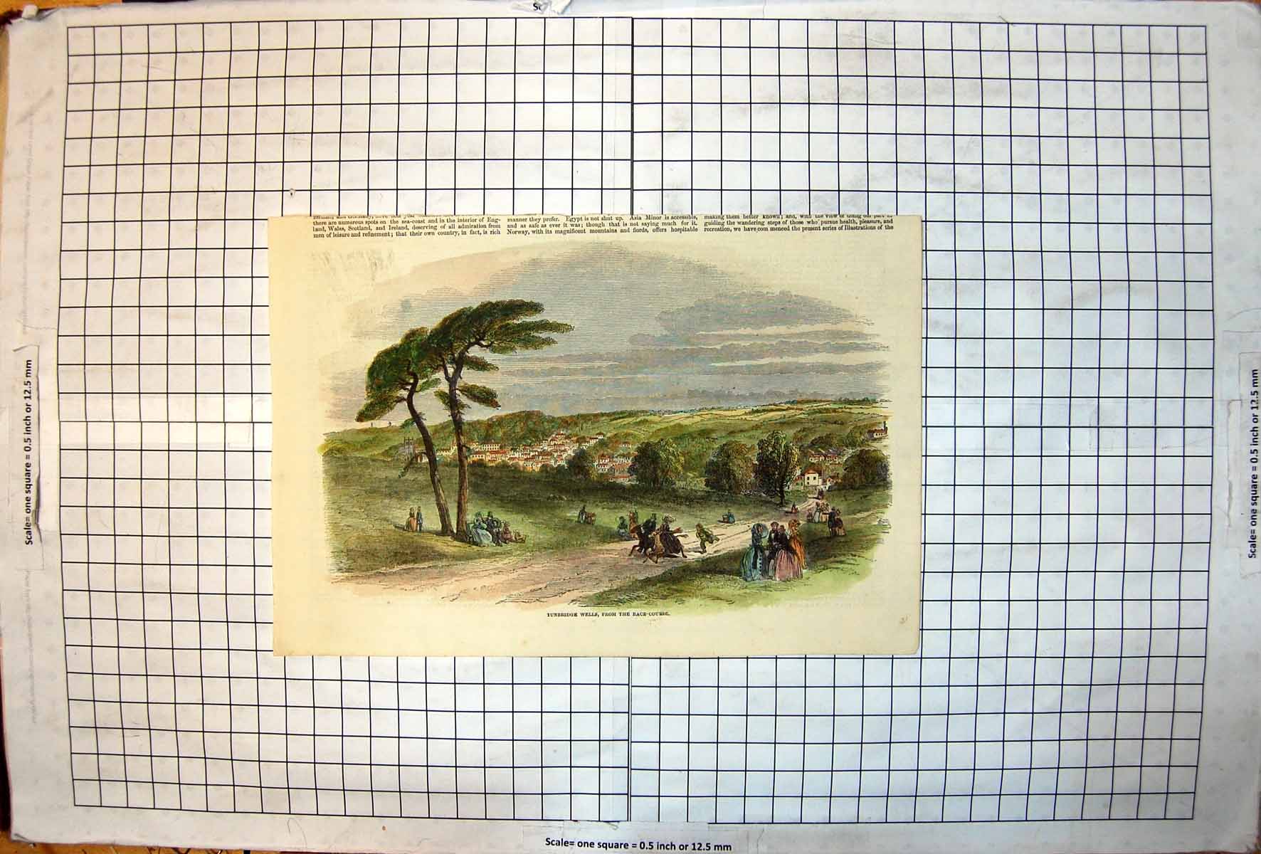 Antique Print Tunbridge Wells From Race Course People Walking Riding Horses